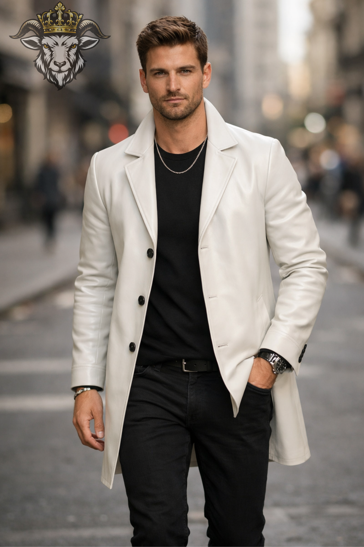 Men's White Leather Coat, Long Blazer Style Jacket, Button Front Tailored Overcoat, Minimalist Smart Casual Men's Outerwear