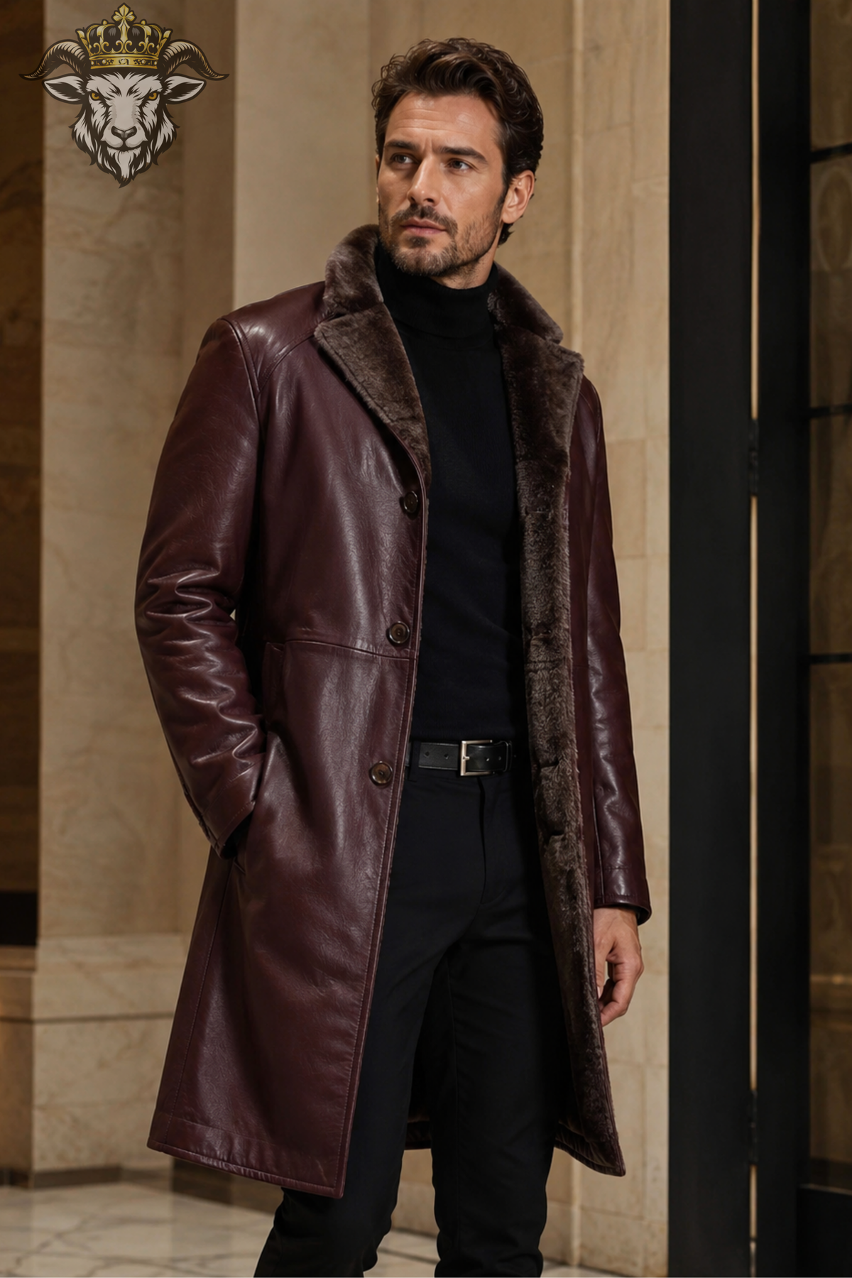 Men's Burgundy Real Leather Long Coat, Faux Fur Lined Leather Overcoat, Tailored Winter Coat, Vintage Luxury Outerwear