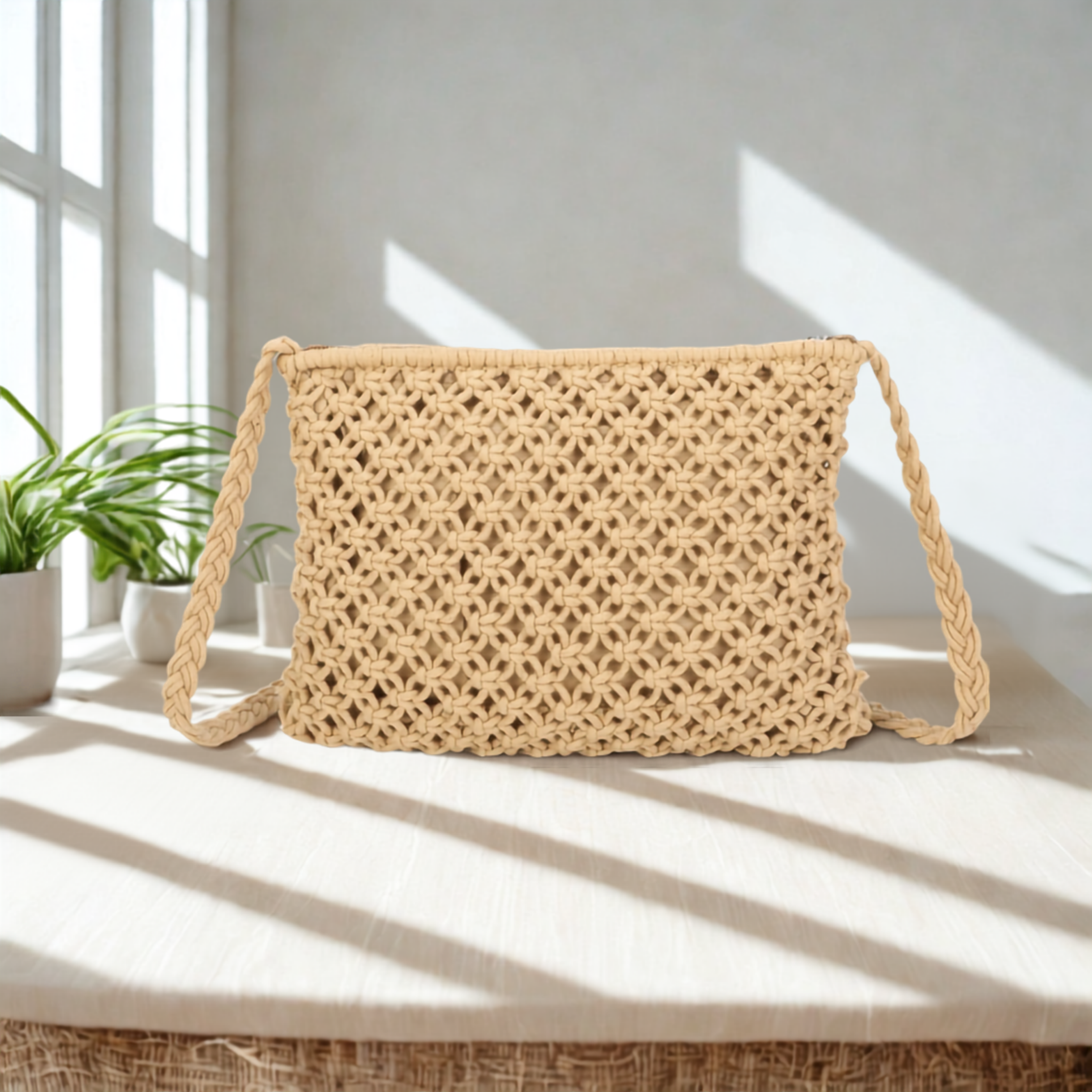 Women’s Knitted Crochet Crossbody Bag – Synthetic Top Zip Shoulder Bag with Long Strap