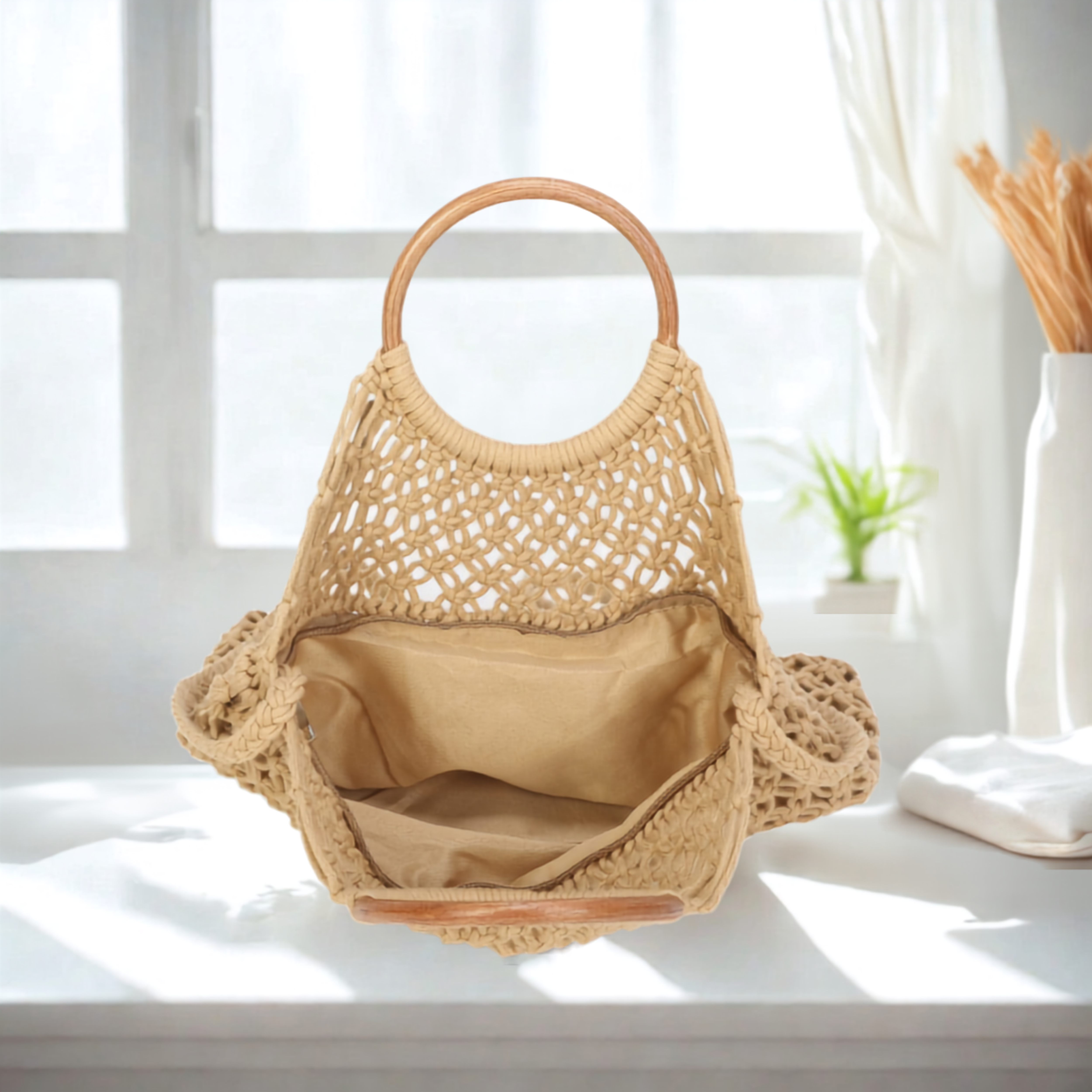 Boho Crochet Handbag with Circle Wooden Handles – Knitted Macramé Shoulder Bag for Women