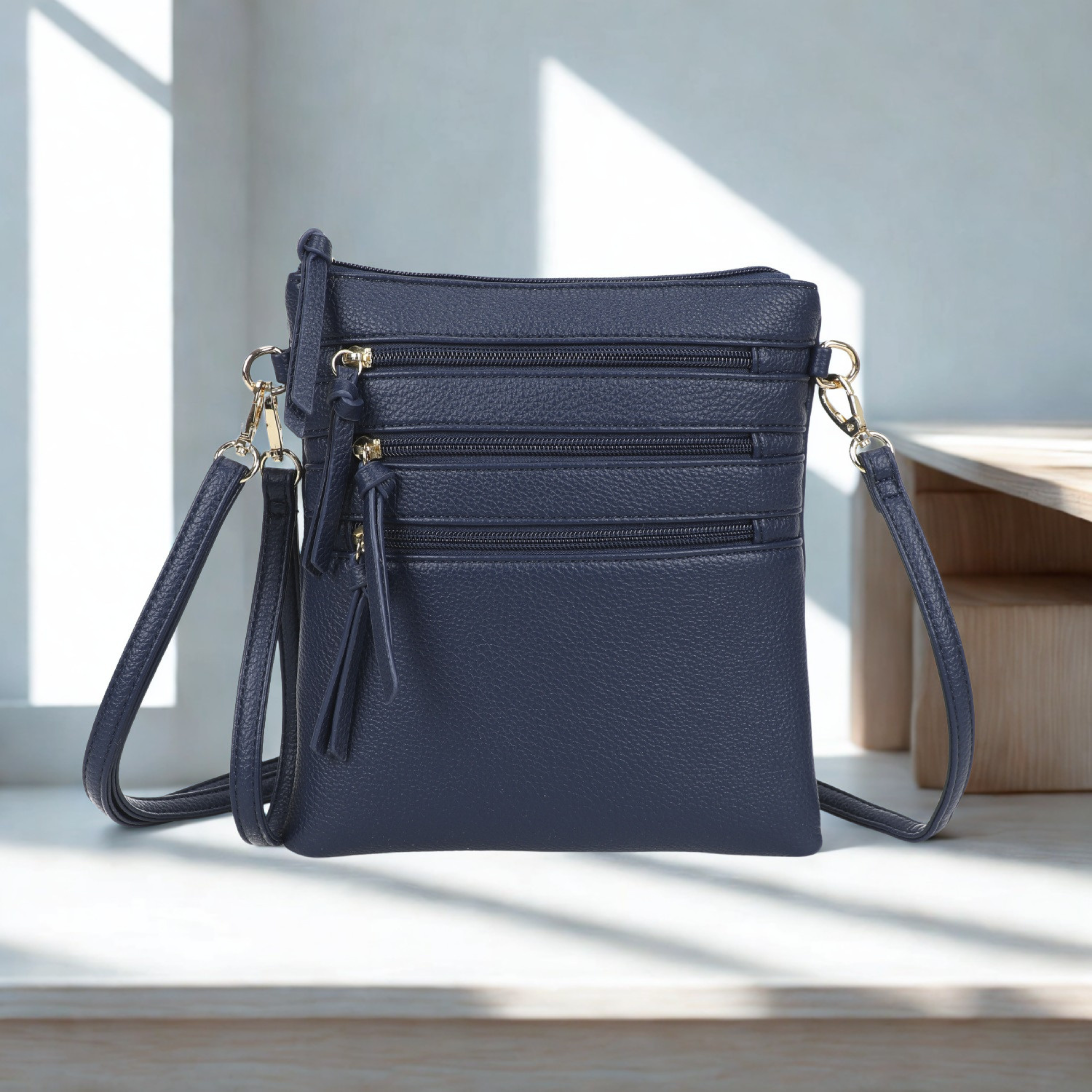 Women’s Multi Zip Crossbody Bag – Slim Synthetic Shoulder Bag with Adjustable Strap