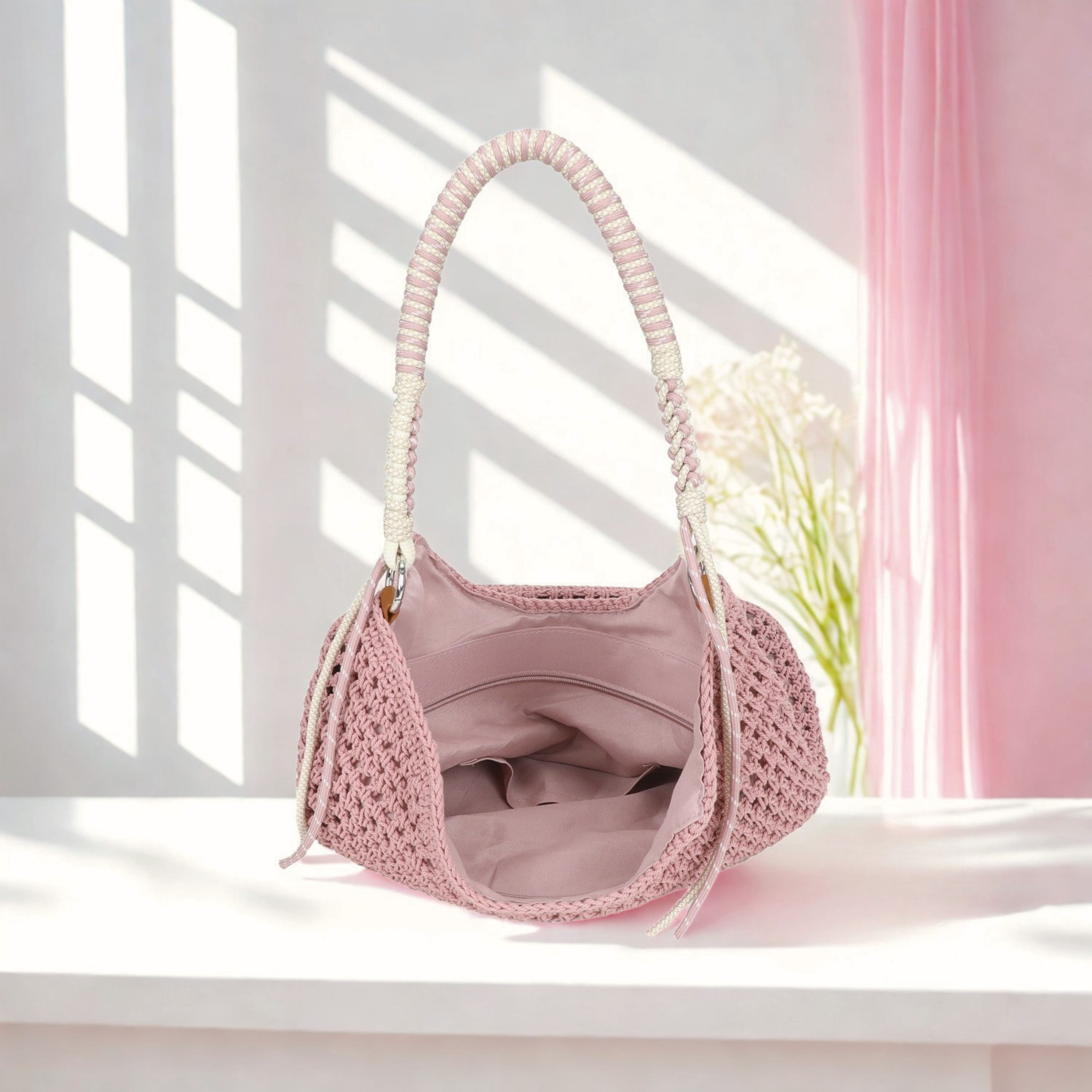 Women’s Crochet Hobo Shoulder Bag Synthetic Handmade Braided Strap Zip Handbag