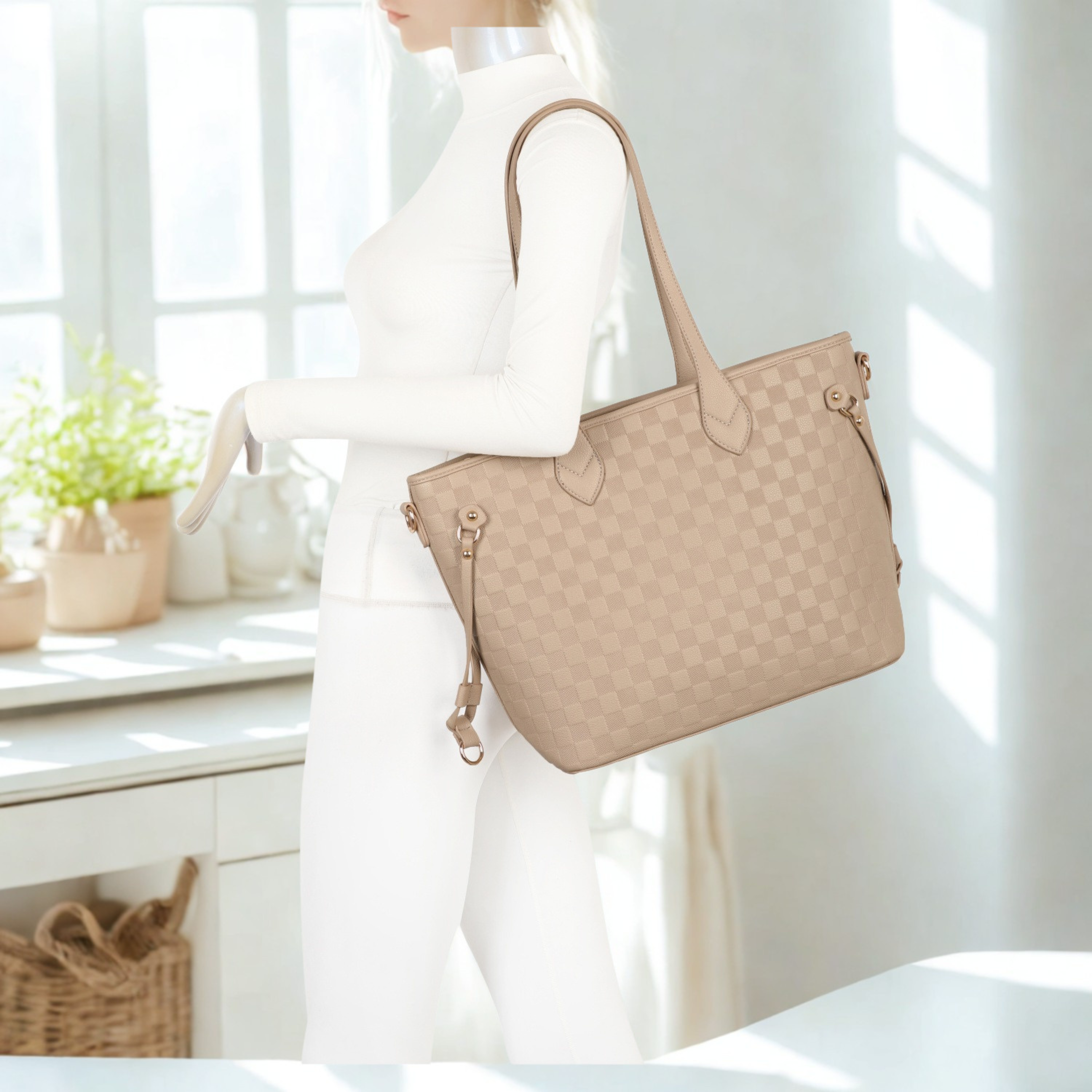 Large Women’s Tote Bag with Zipper Closure, Shoulder Handles, Gold Hardware & Multi-Pocket Interior