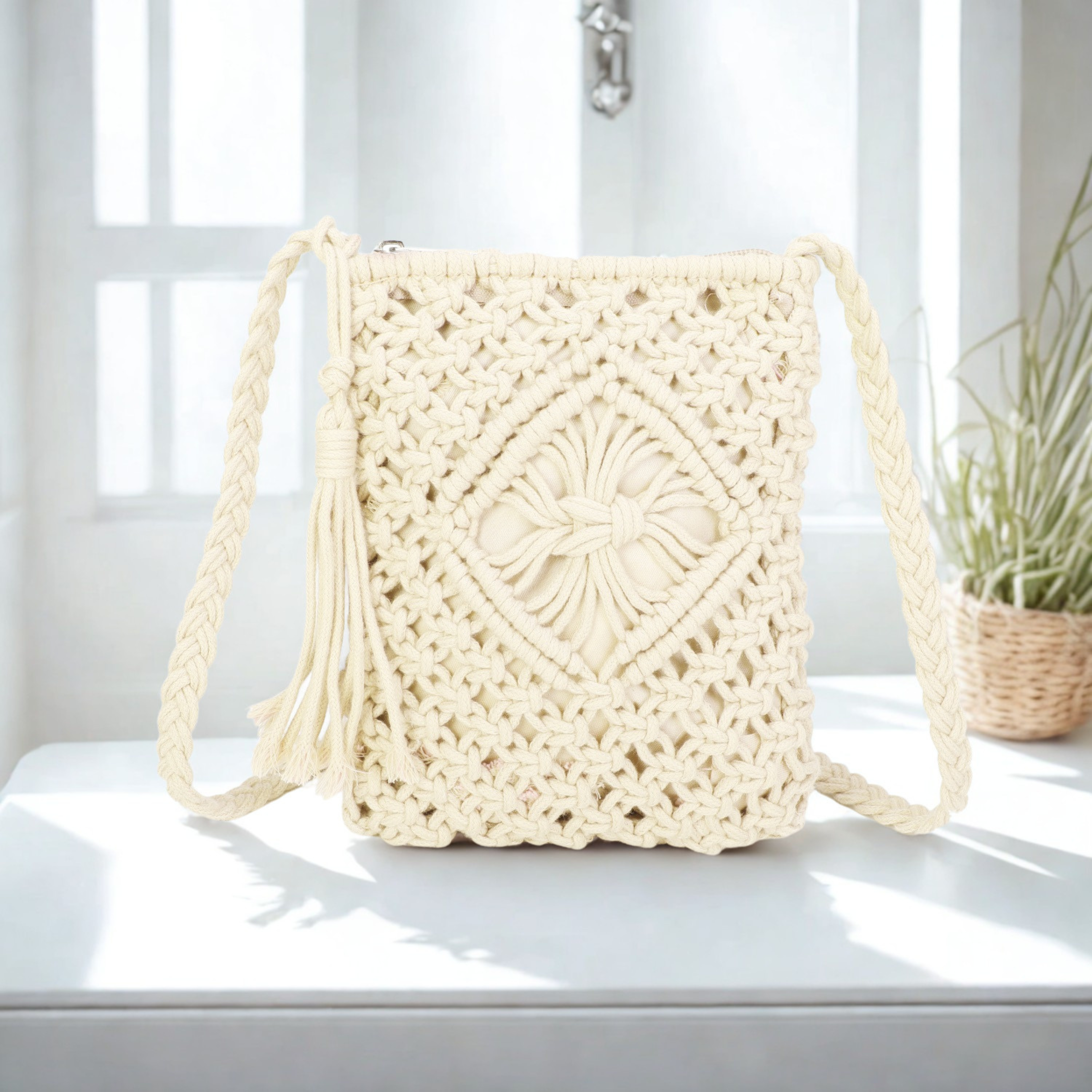 Women’s Crochet Crossbody Bag – Knitted Synthetic Shoulder Bag with Zip Closure