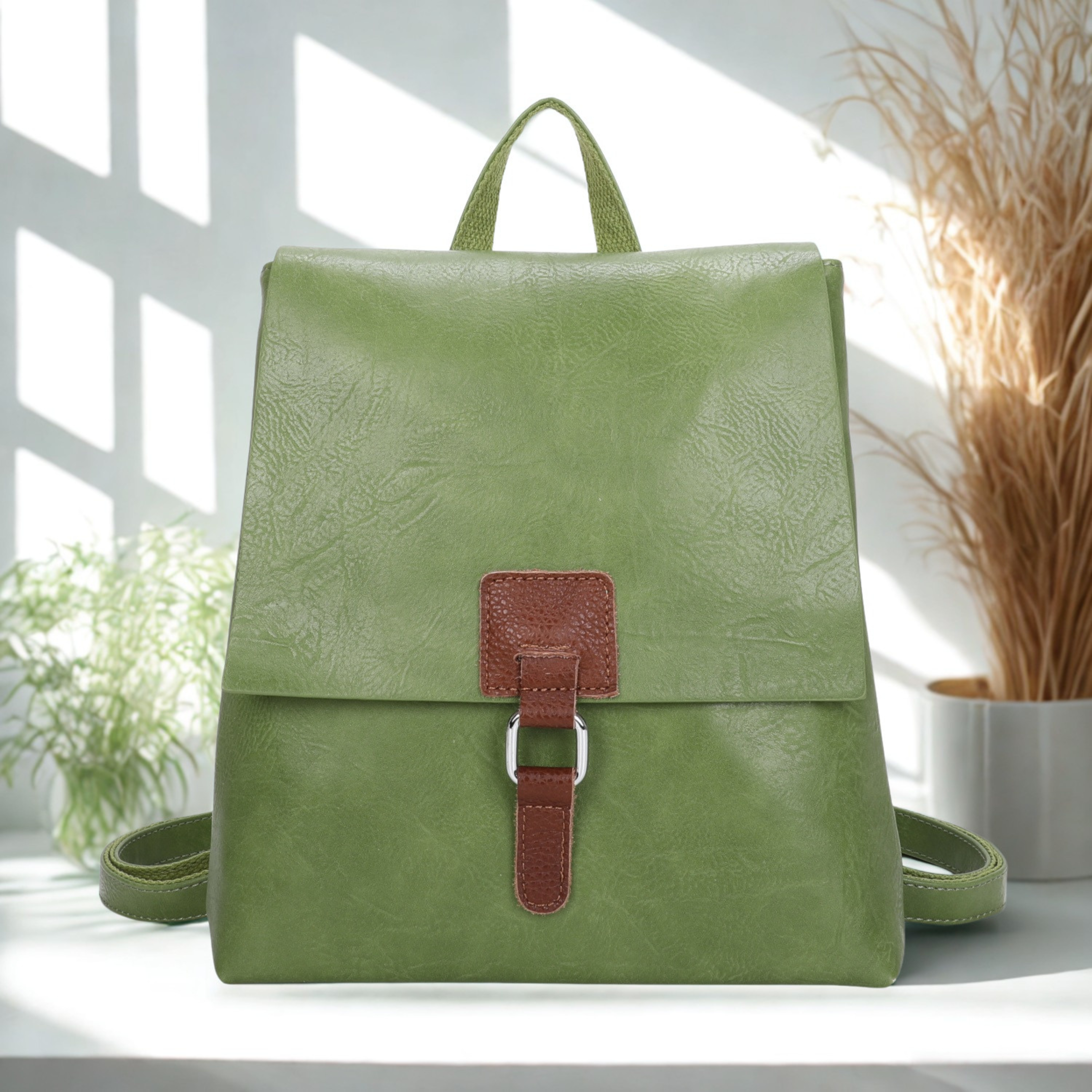 Ladies Flap Over Backpack Handbag, Synthetic Leather Trim Rucksack Shoulder Bag