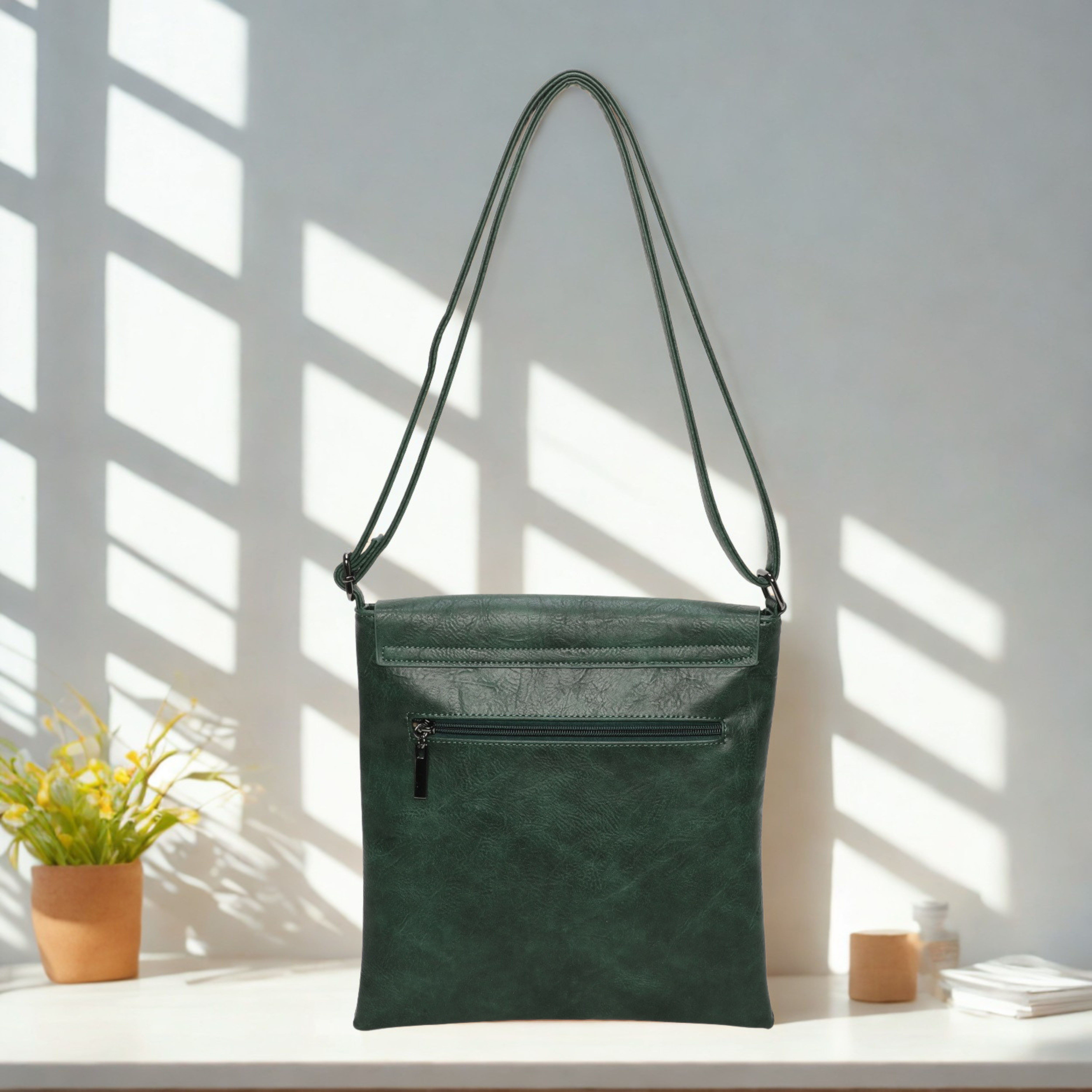 Women’s Slim Crossbody Shoulder Bag – Flap Over Synthetic Leather Handbag with Adjustable Strap, Back Zip Pocket & Dark Silver Hardware