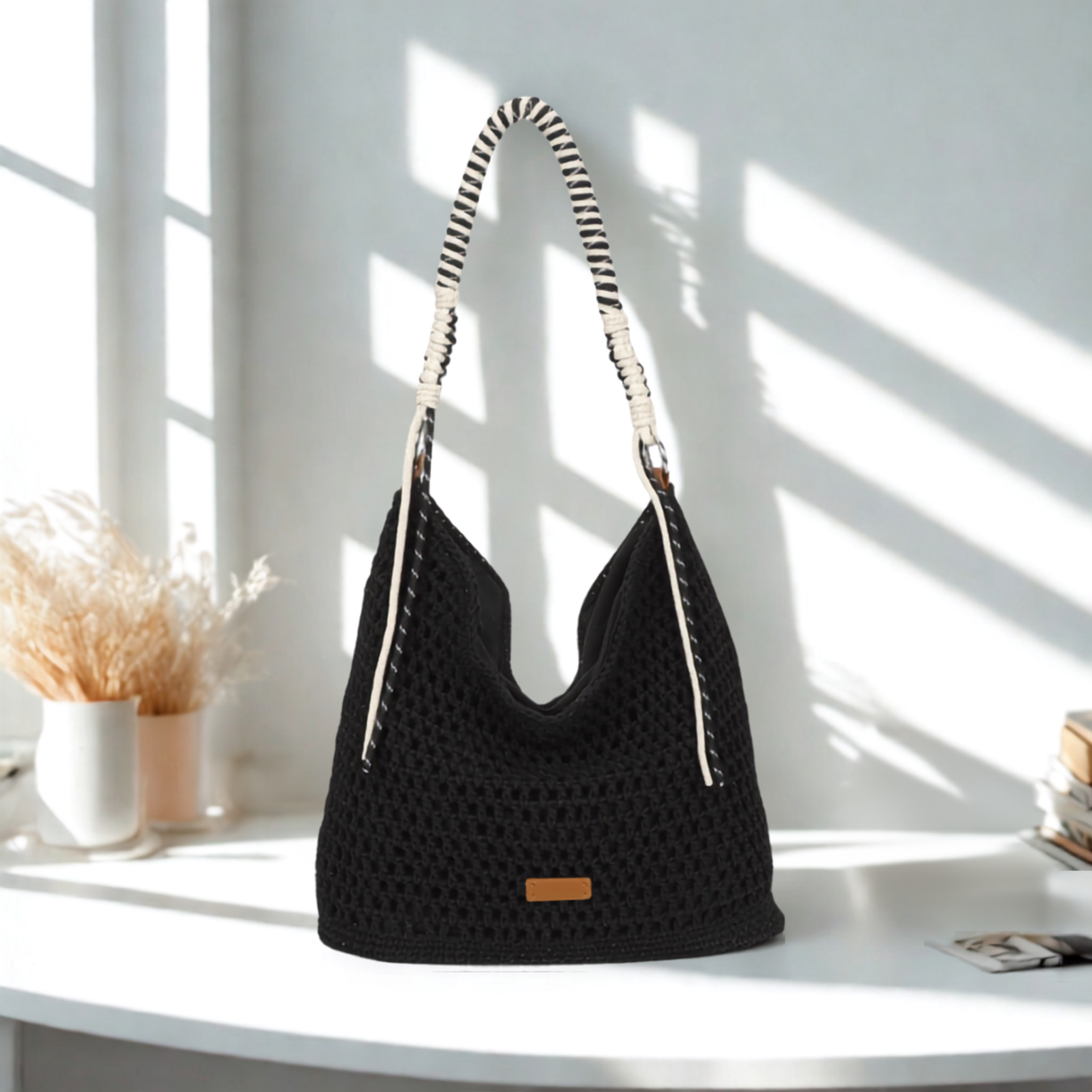 Women’s Crochet Hobo Shoulder Bag Synthetic Handmade Braided Strap Zip Handbag