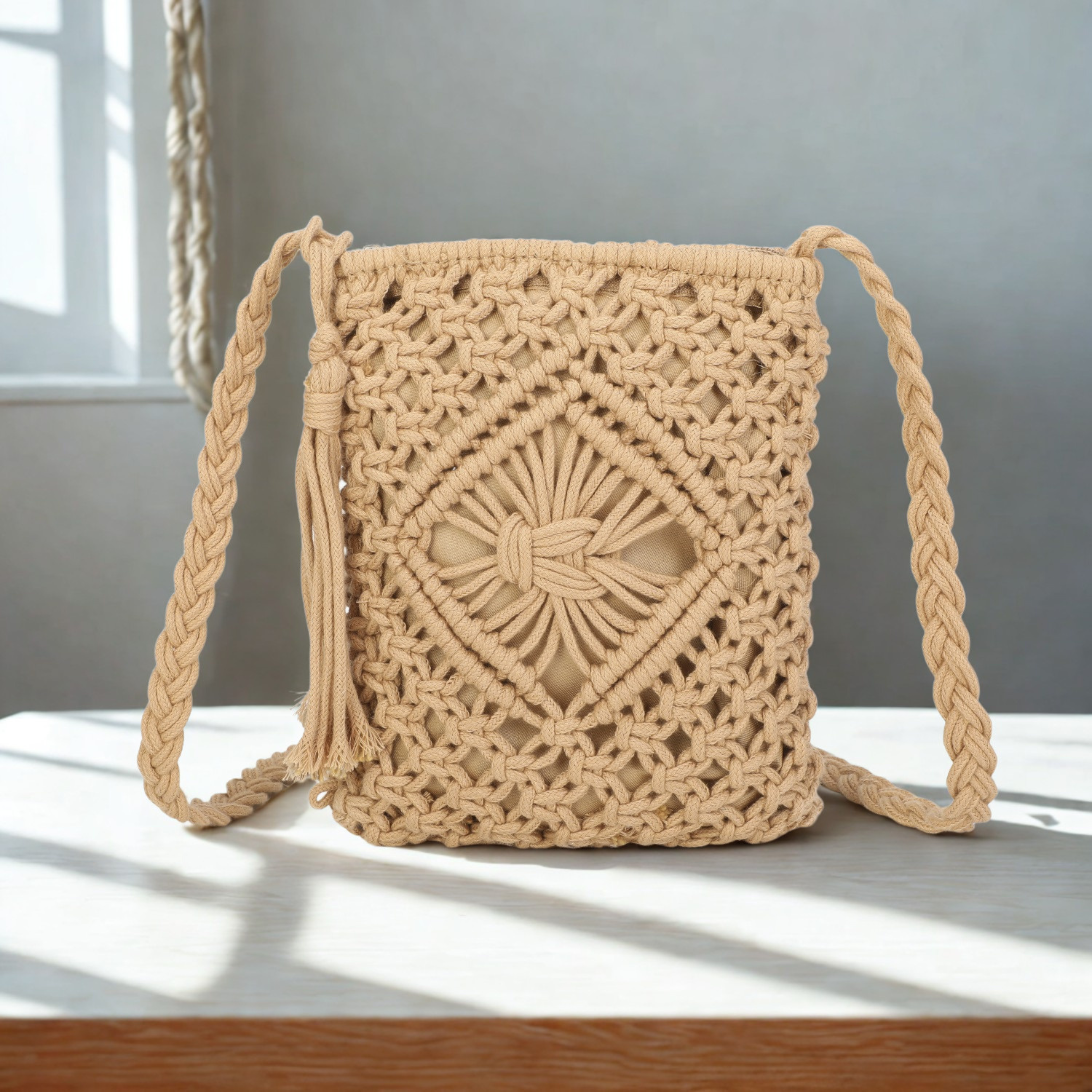 Women’s Crochet Crossbody Bag – Knitted Synthetic Shoulder Bag with Zip Closure