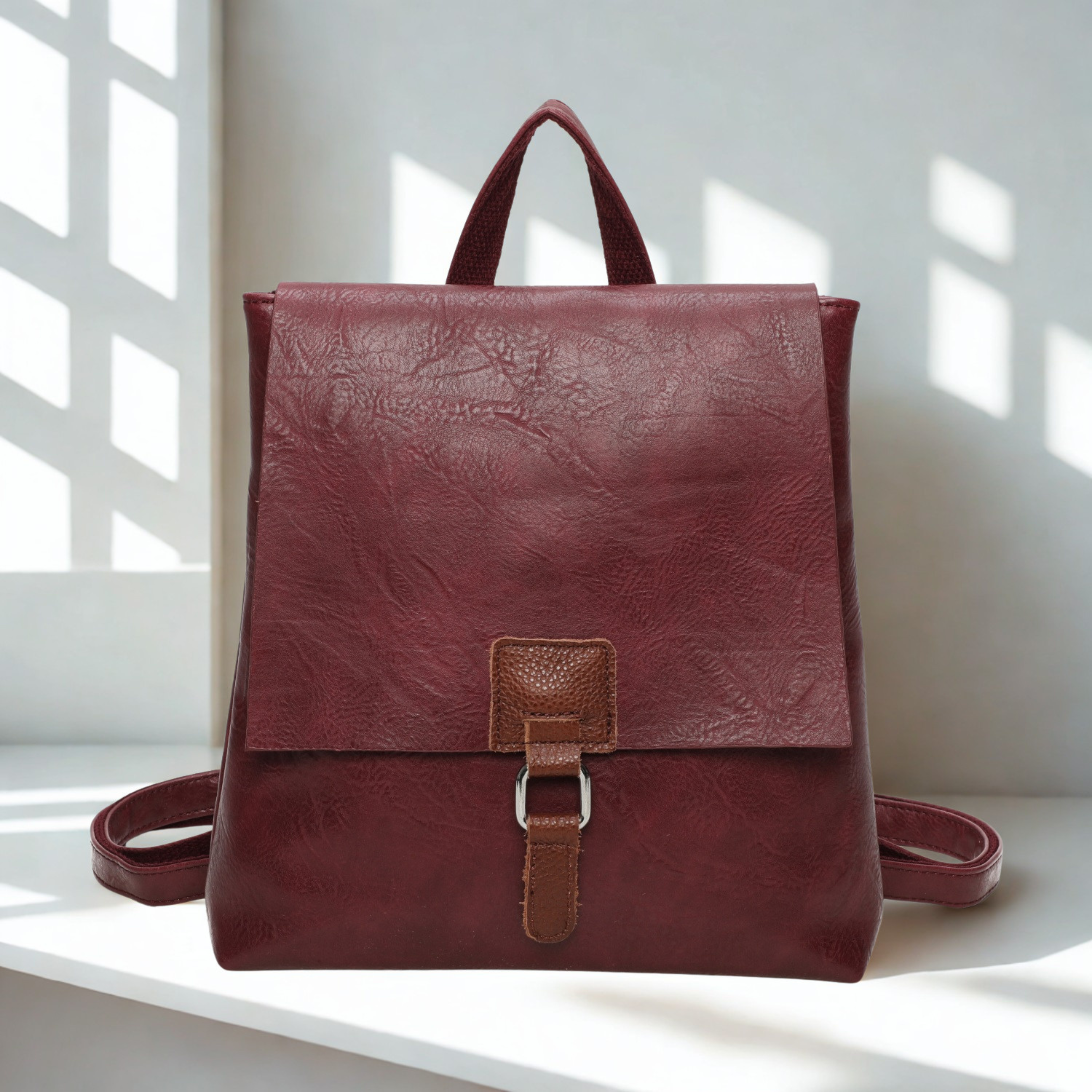 Ladies Flap Over Backpack Handbag, Synthetic Leather Trim Rucksack Shoulder Bag