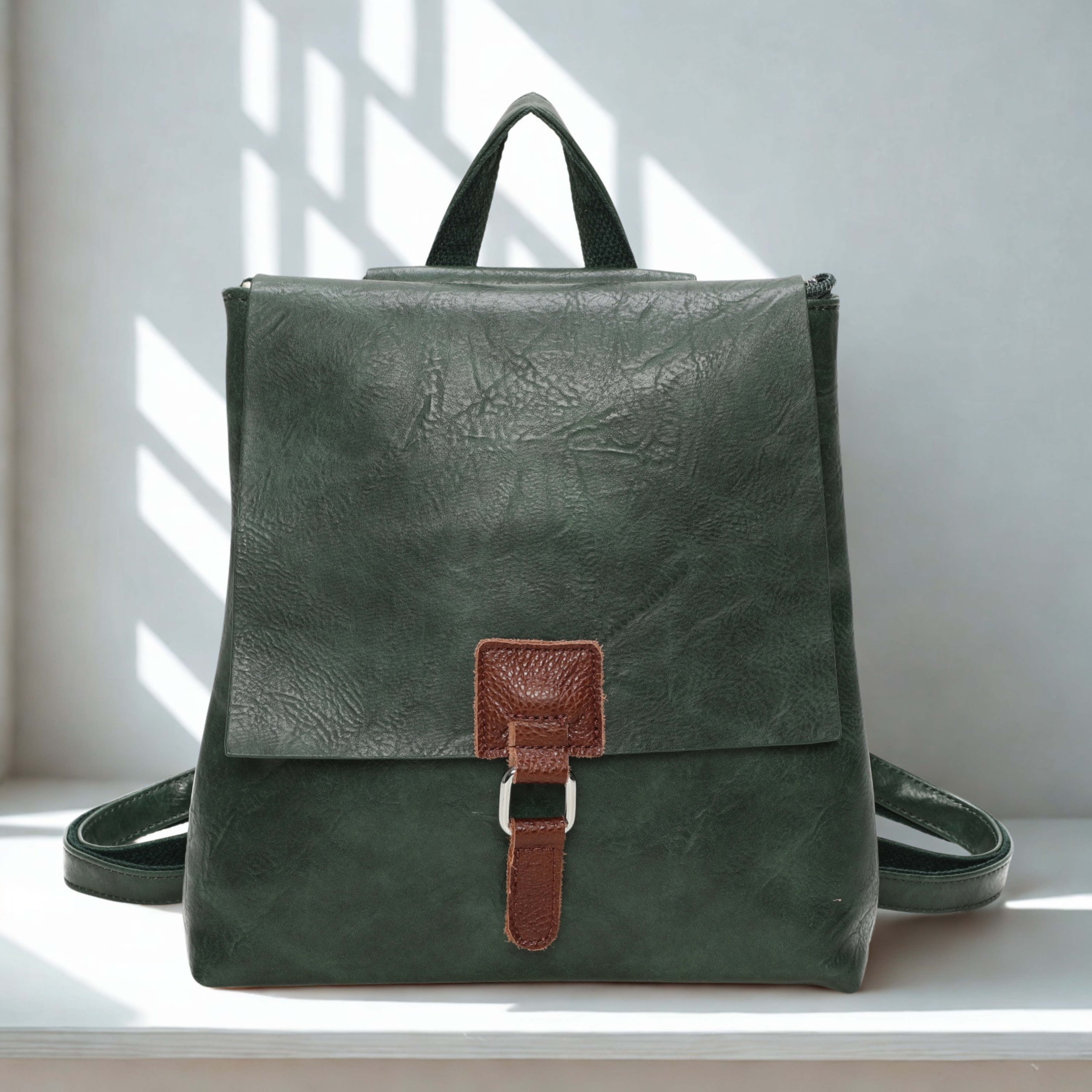 Ladies Flap Over Backpack Handbag, Synthetic Leather Trim Rucksack Shoulder Bag