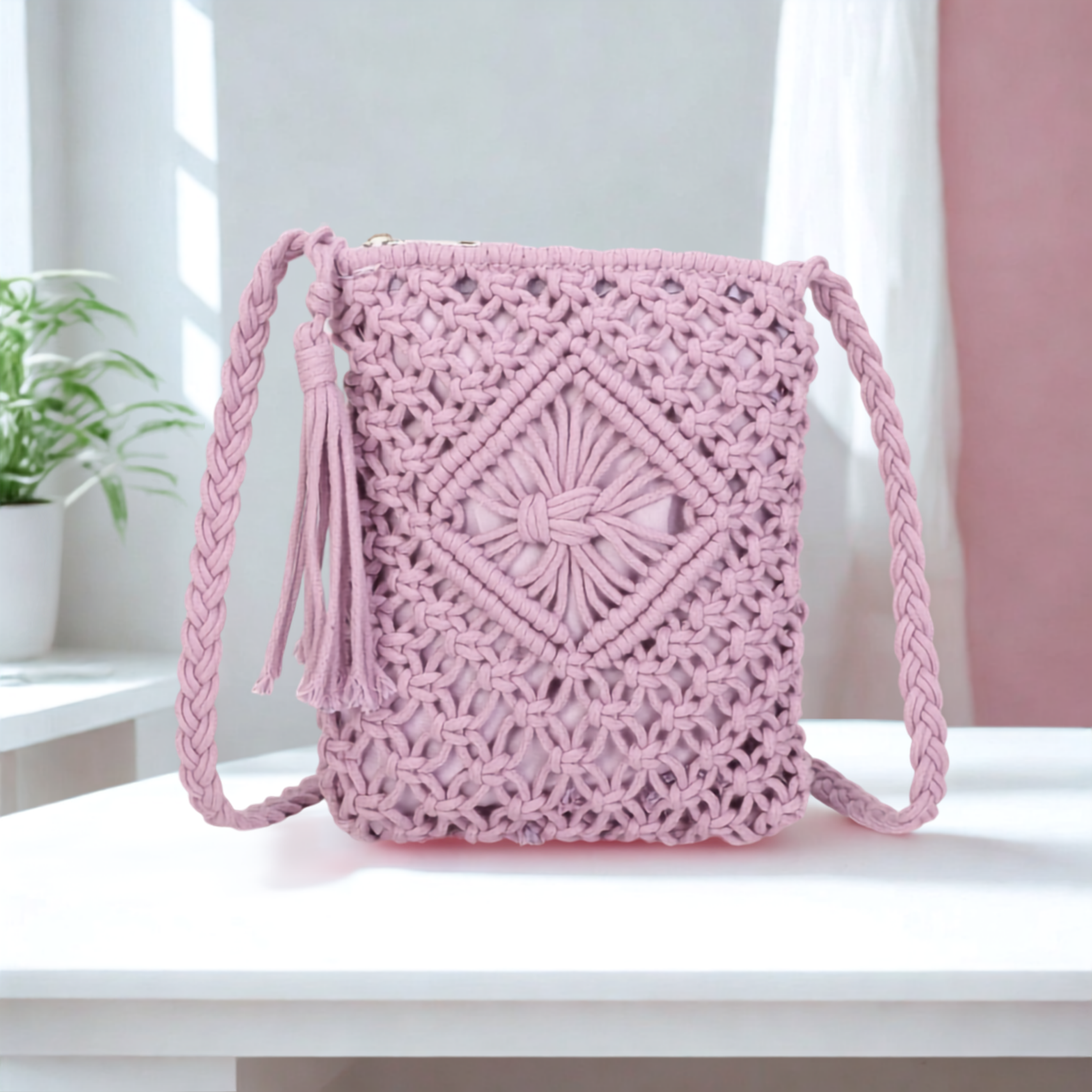 Women’s Crochet Crossbody Bag – Knitted Synthetic Shoulder Bag with Zip Closure