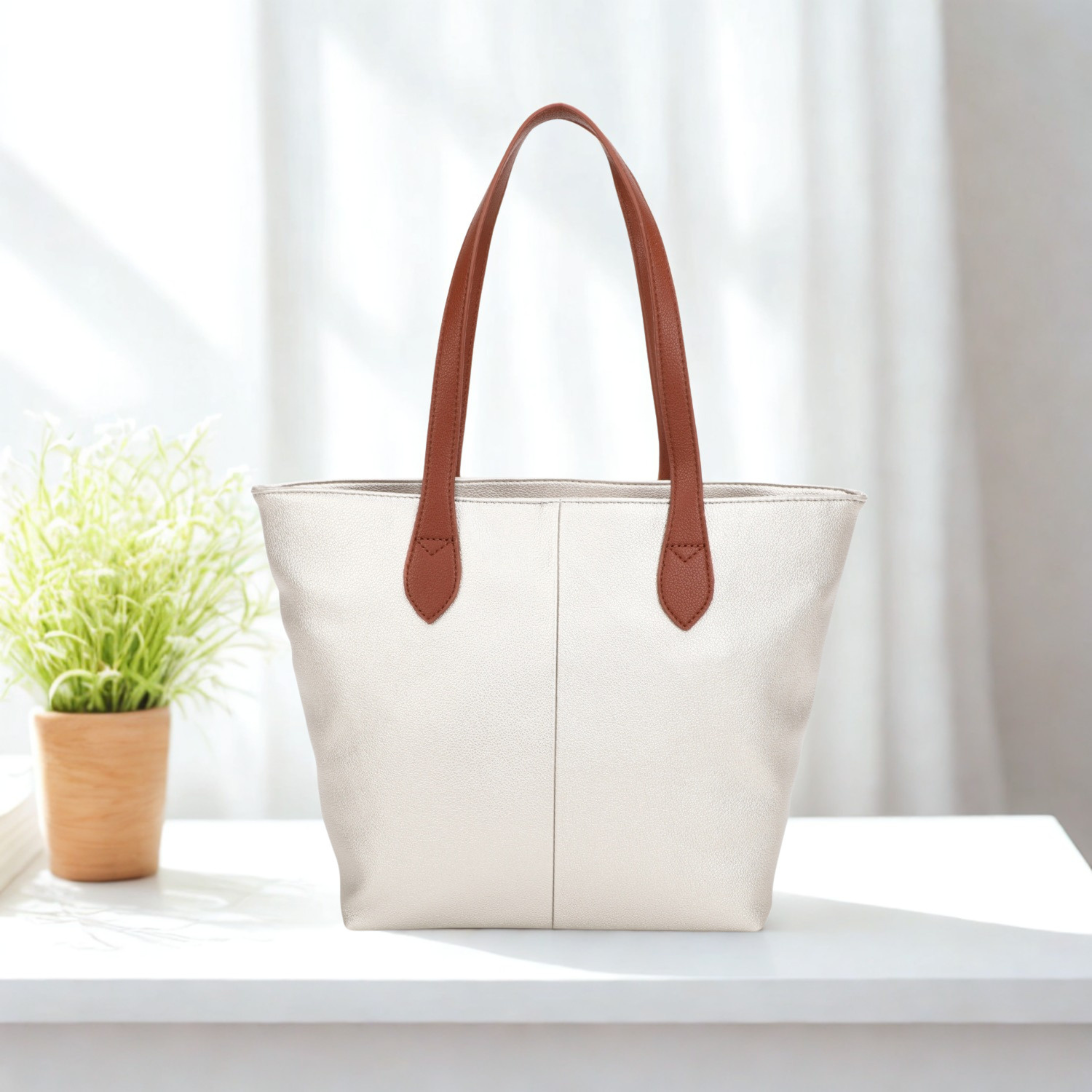 Women’s Large Tote Shoulder Bag Synthetic Handbag with Zip Top & Contrast Straps