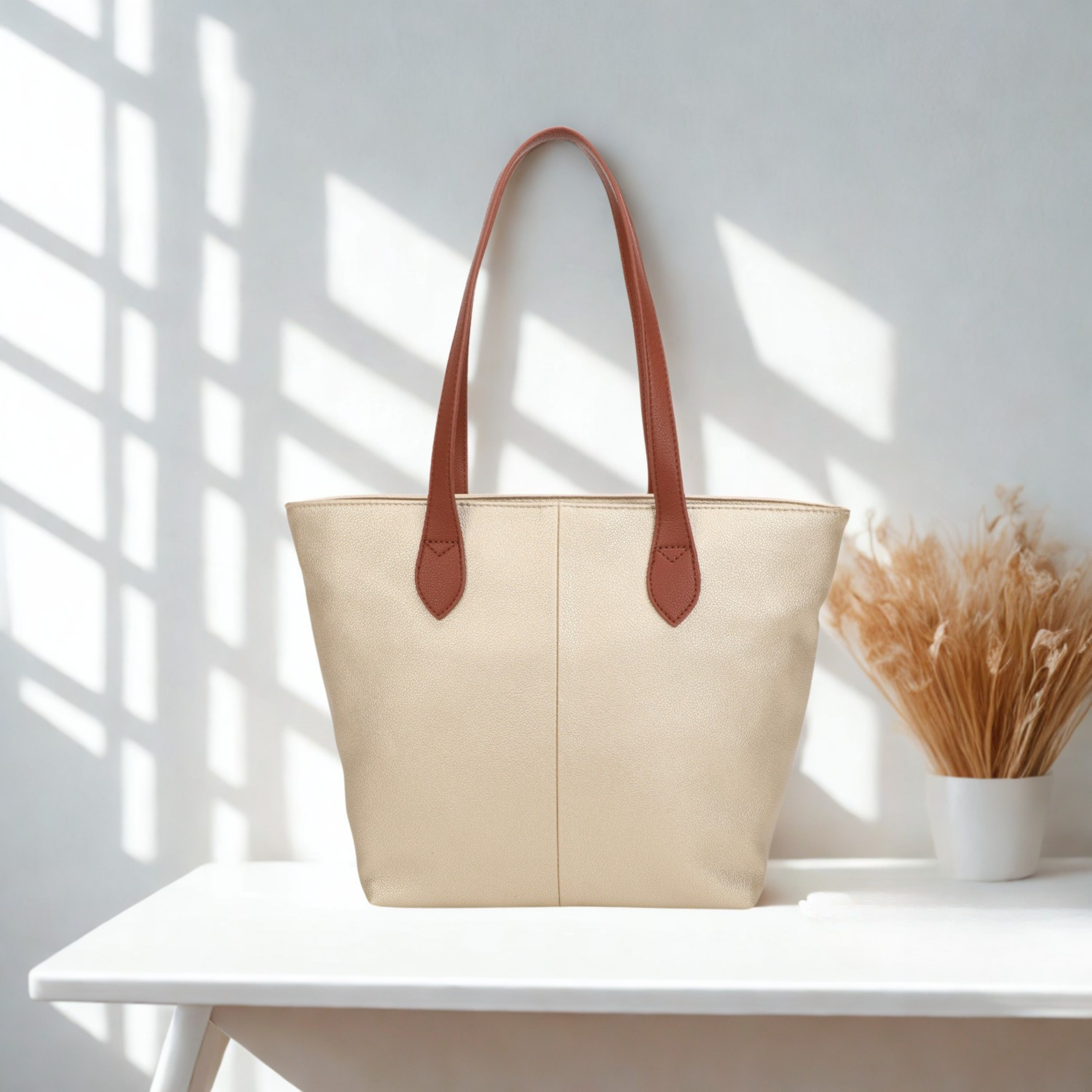Women’s Large Tote Shoulder Bag Synthetic Handbag with Zip Top & Contrast Straps
