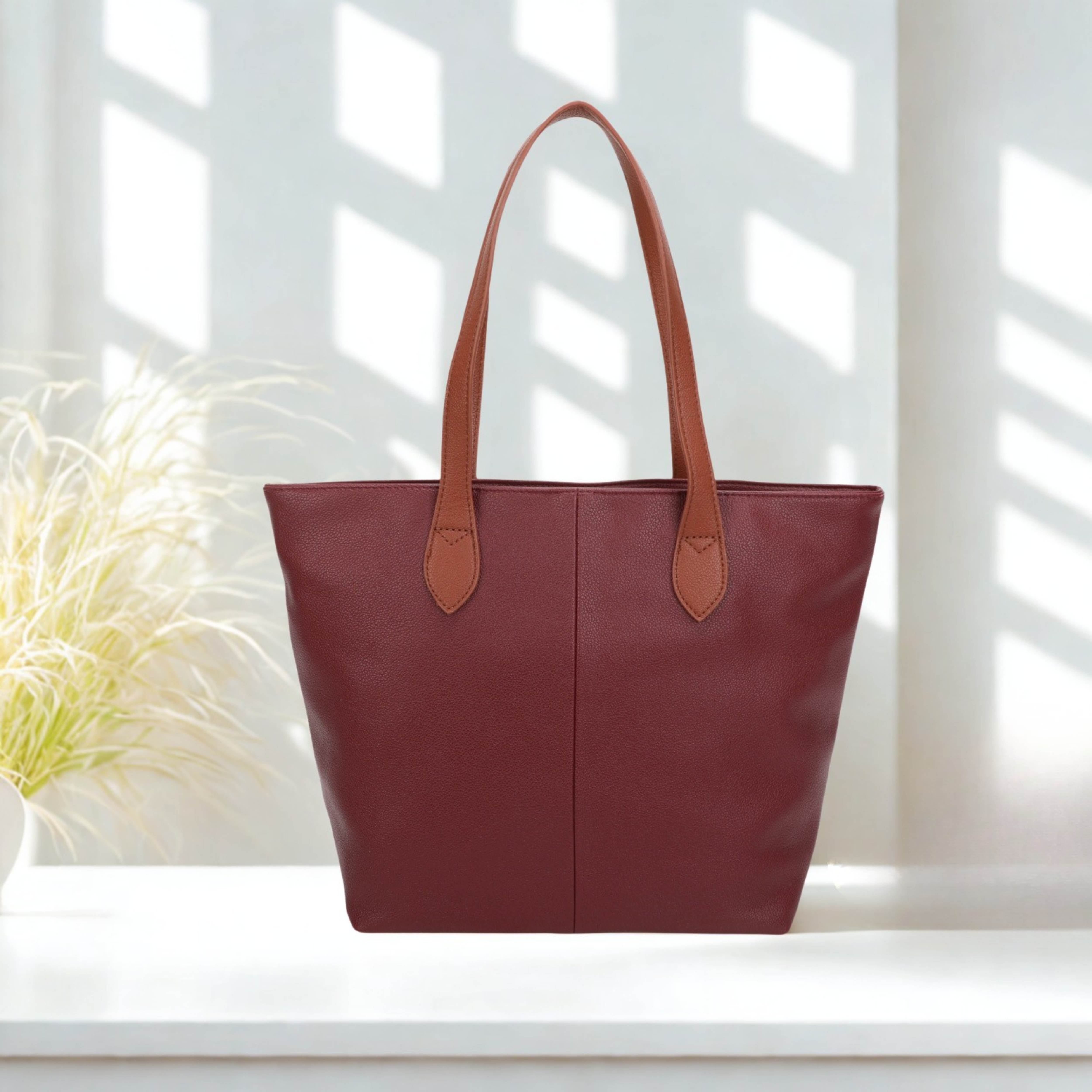 Women’s Large Tote Shoulder Bag Synthetic Handbag with Zip Top & Contrast Straps