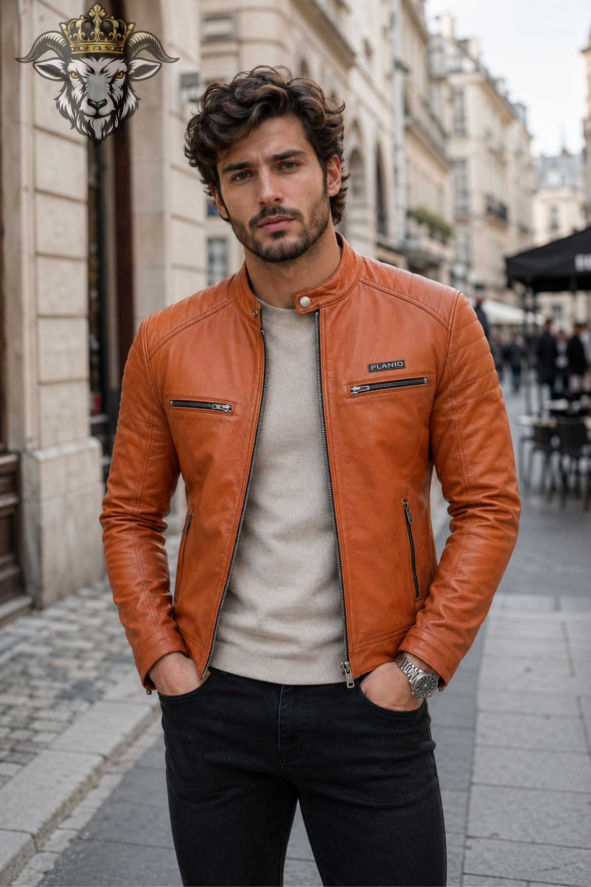 Men's Orange Real Leather Biker Jacket, Slim Fit Cafe Racer Motorcycle Jacket, PLANIO Zip Front Moto Jacket, Quilted Shoulder Outerwear