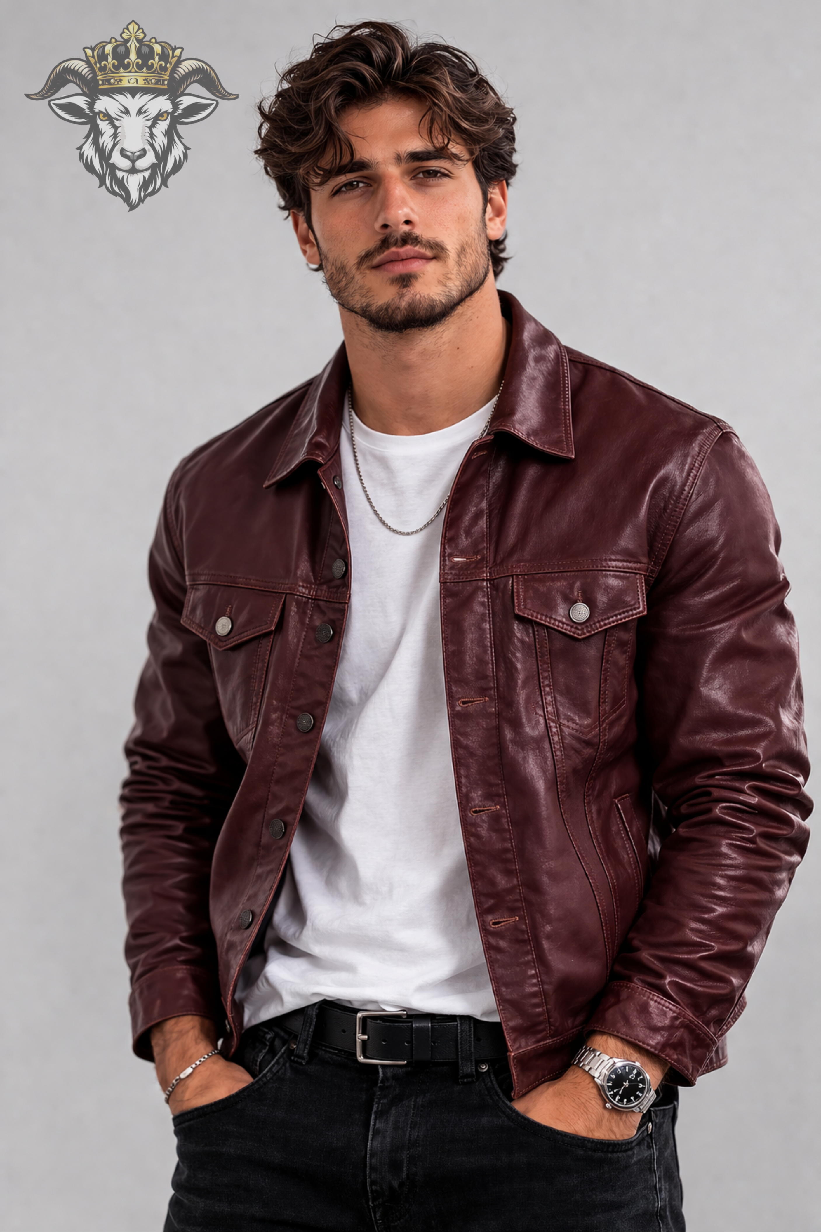 Men’s Burgundy Real Leather Trucker Jacket