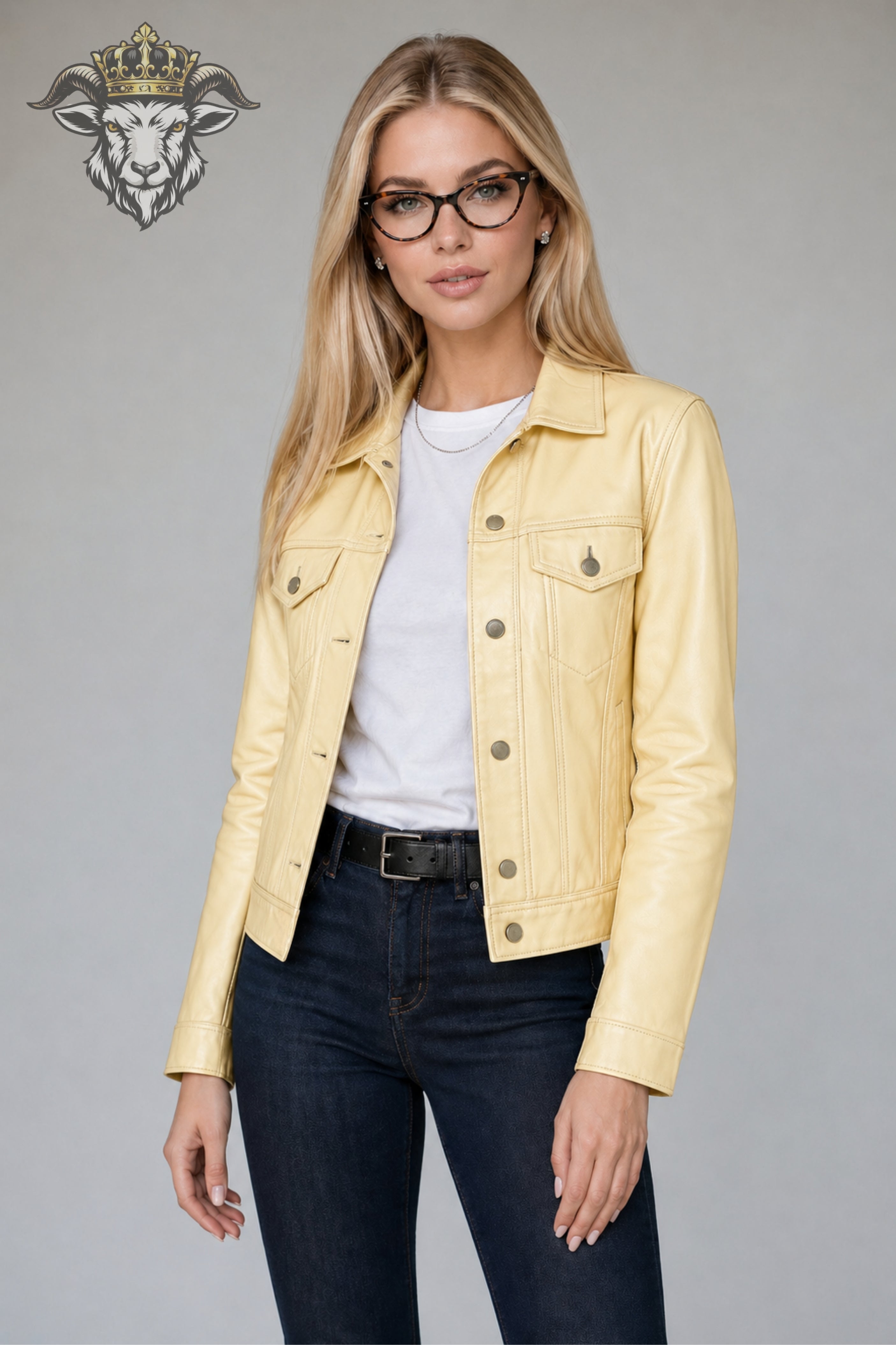 Women’s Pale Yellow Real Leather Trucker Jacket
