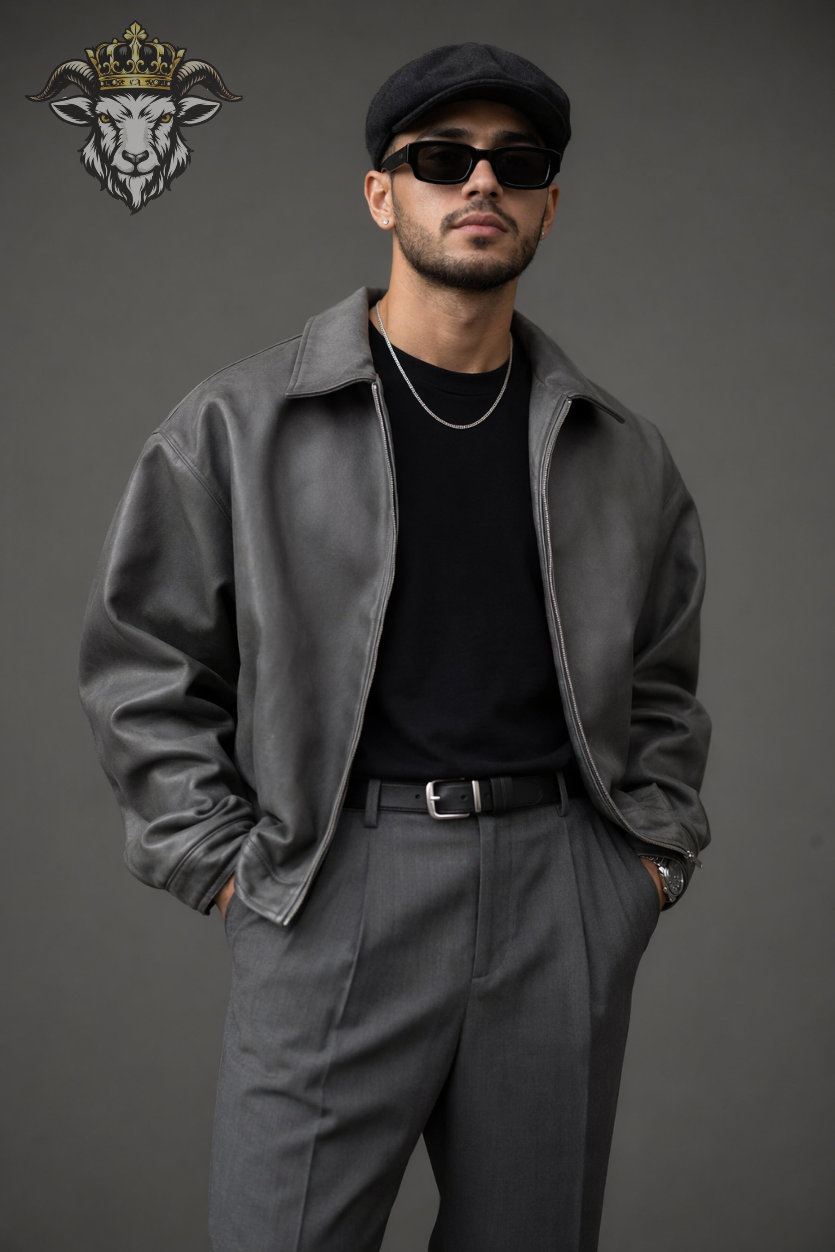 Men’s Oversize Grey Real Leather Bomber Jacket