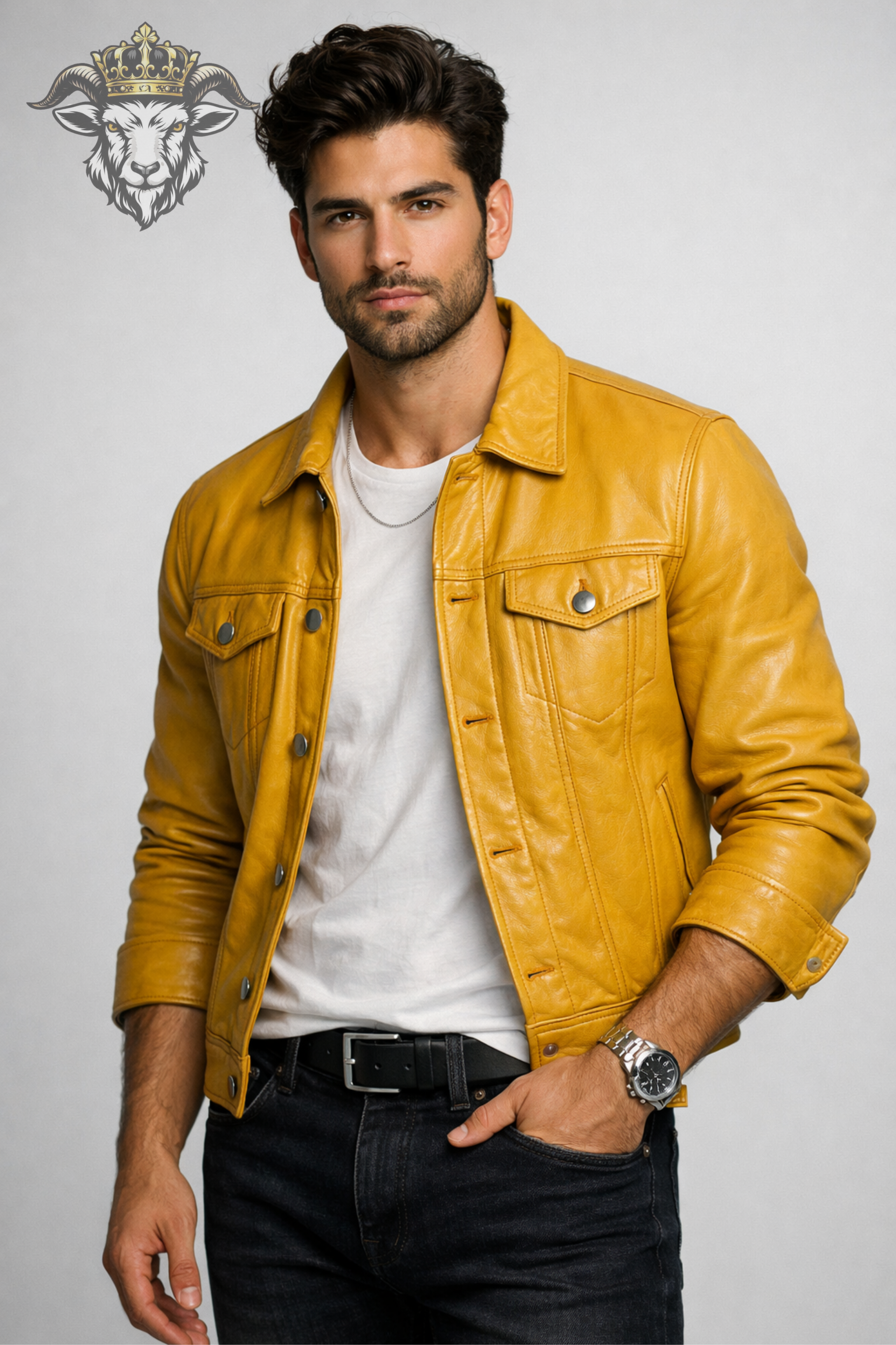 Men’s Yellow Real Leather Trucker Jacket