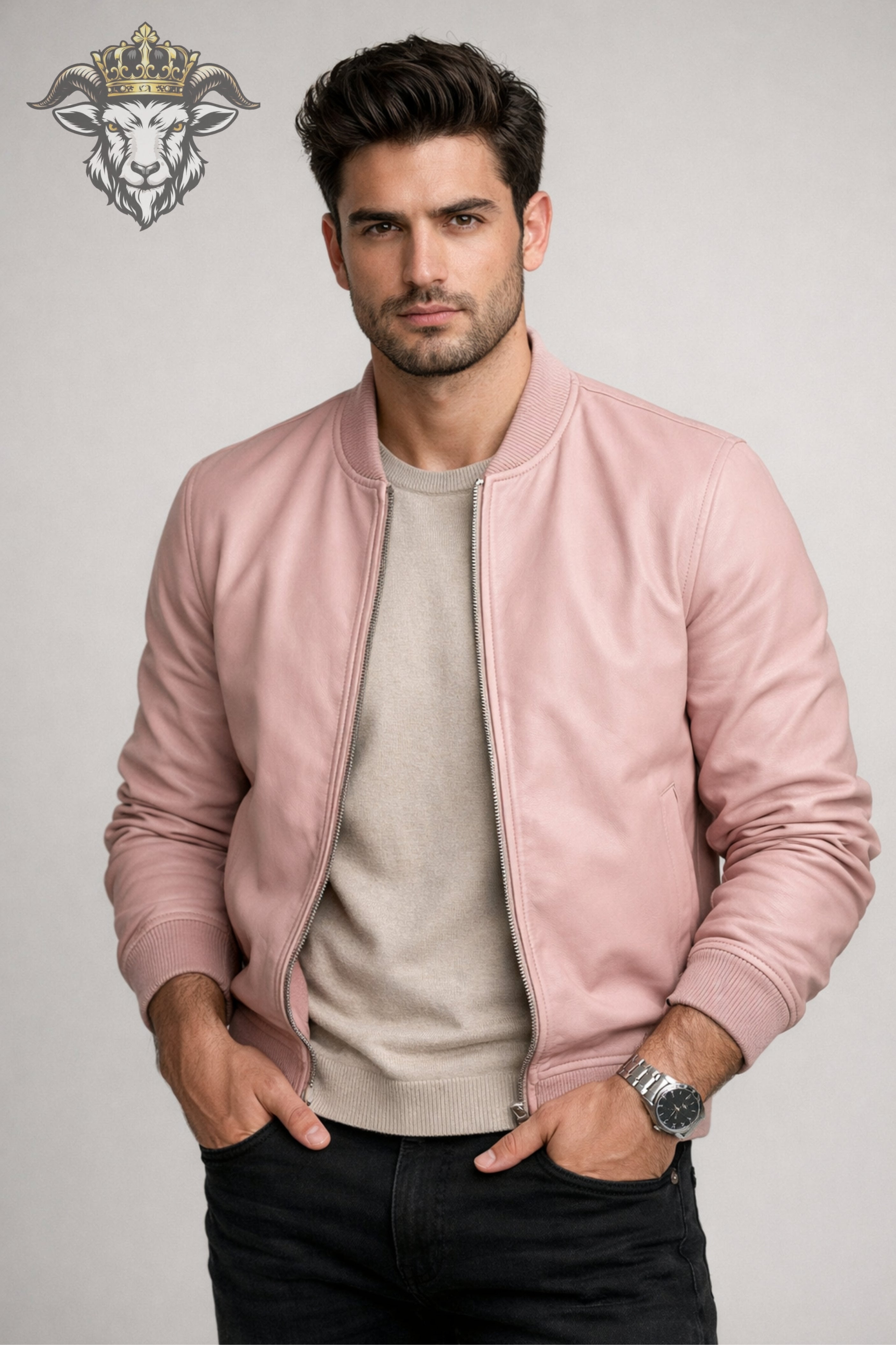 Men’s Baby Pink Real Leather Bomber Jacket