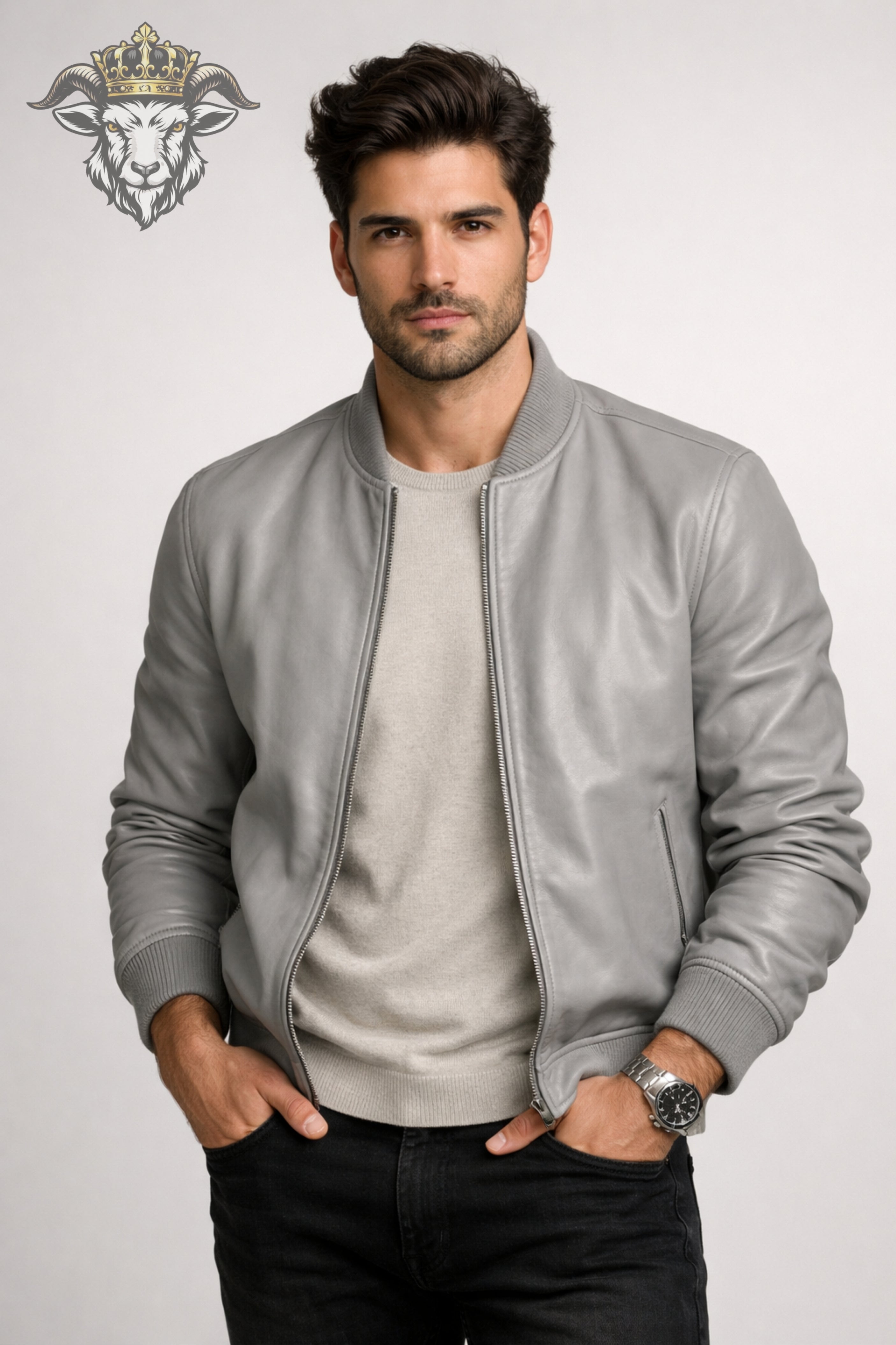 Men’s Light Grey Real Leather Bomber Jacket