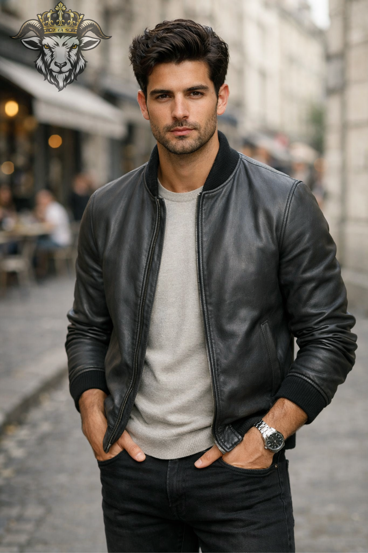 Men's Dark Gray Bomber Jacket, Ribbed Collar Leather Outerwear, Minimalist Zip Up Jacket, Modern Urban Casual Style