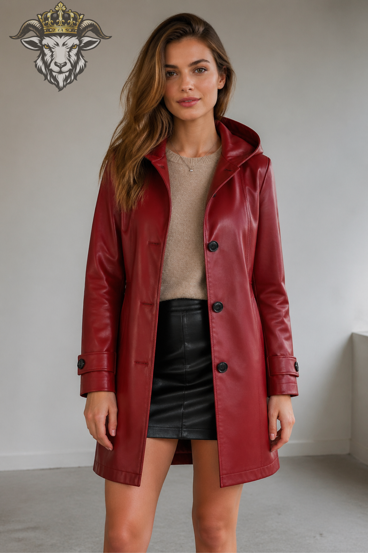 Women's Burgundy Leather Hooded Coat – Premium Tailored Long Jacket with Black Buttons