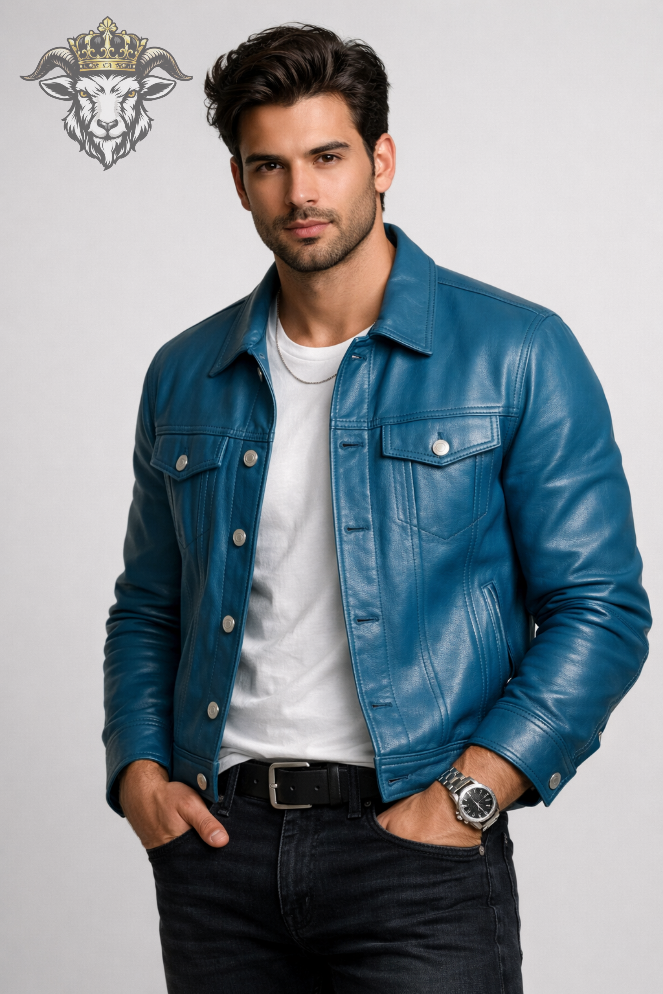 Men’s Cyan Real Leather Trucker Jacket
