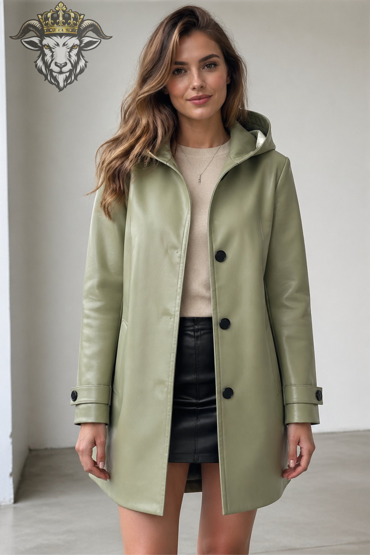 Sage Green Hooded Leather Coat for Women, Tailored Long Jacket, Matte Leather Outerwear, Button Front Coat, Minimalist Fall Fashion