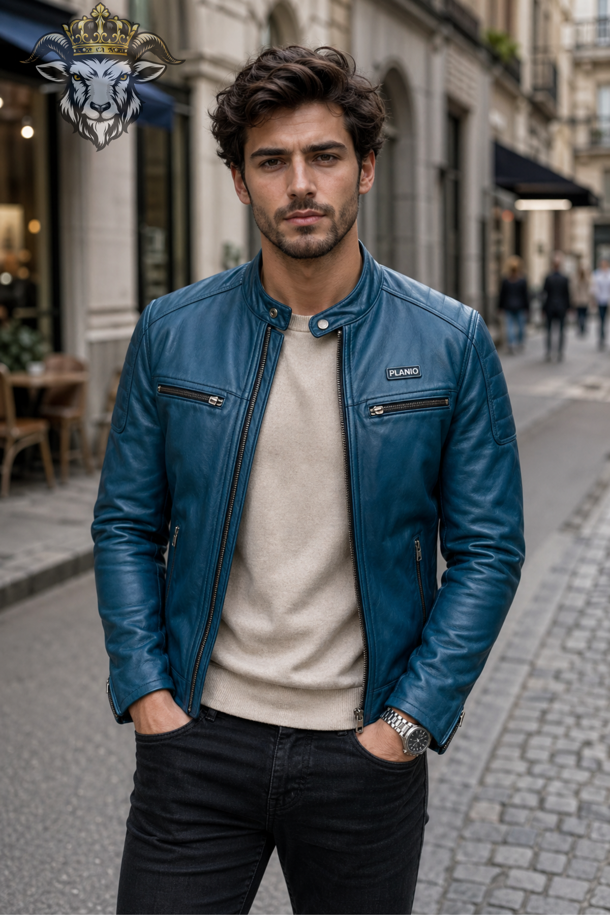 Men's cyan PLANIO real leather biker jacket with quilted shoulders and zipper pockets