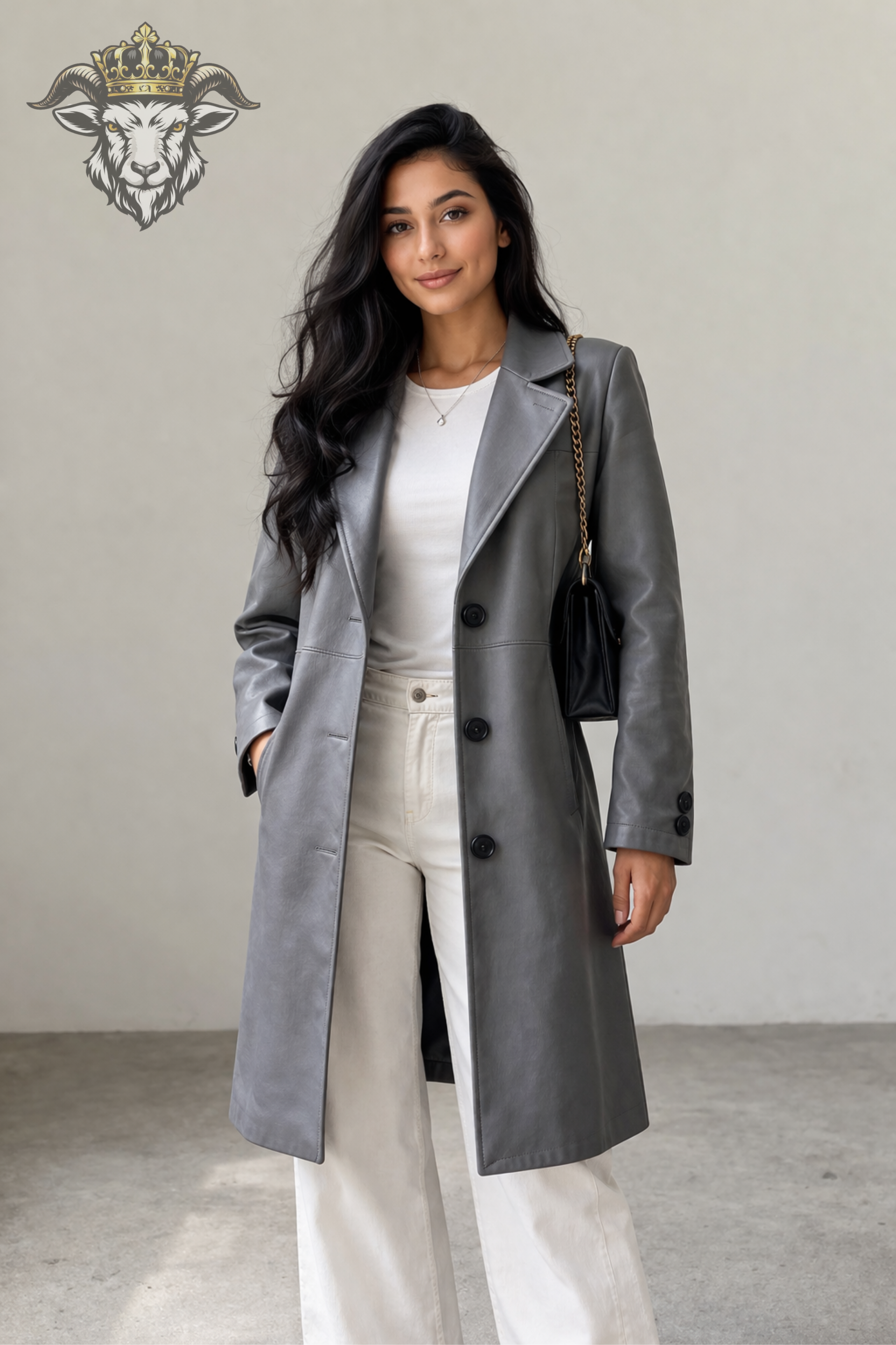 Women’s Grey Real Leather Knee-Length Coat