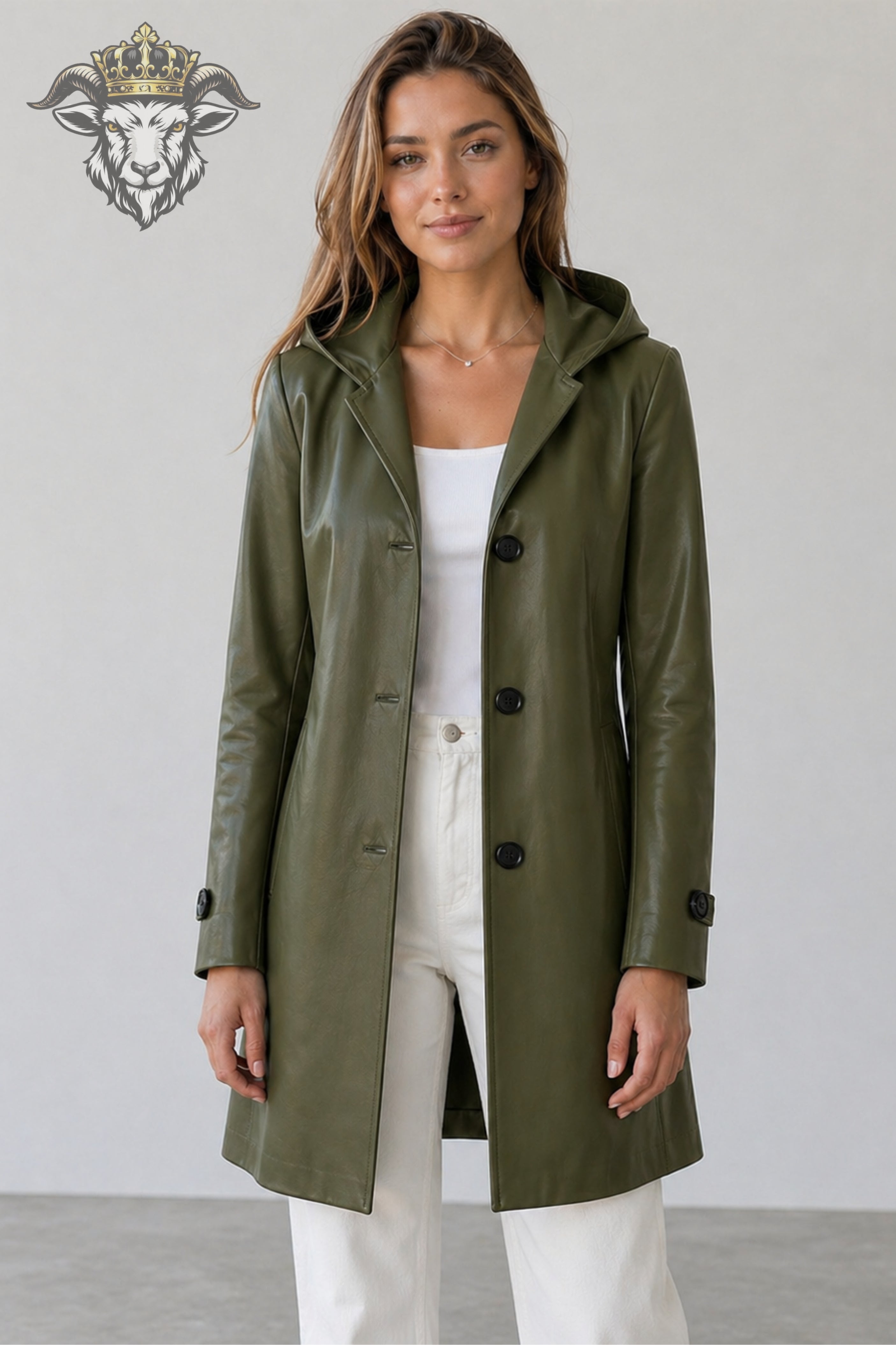 Women’s Olive Green Real Leather Hooded Coat