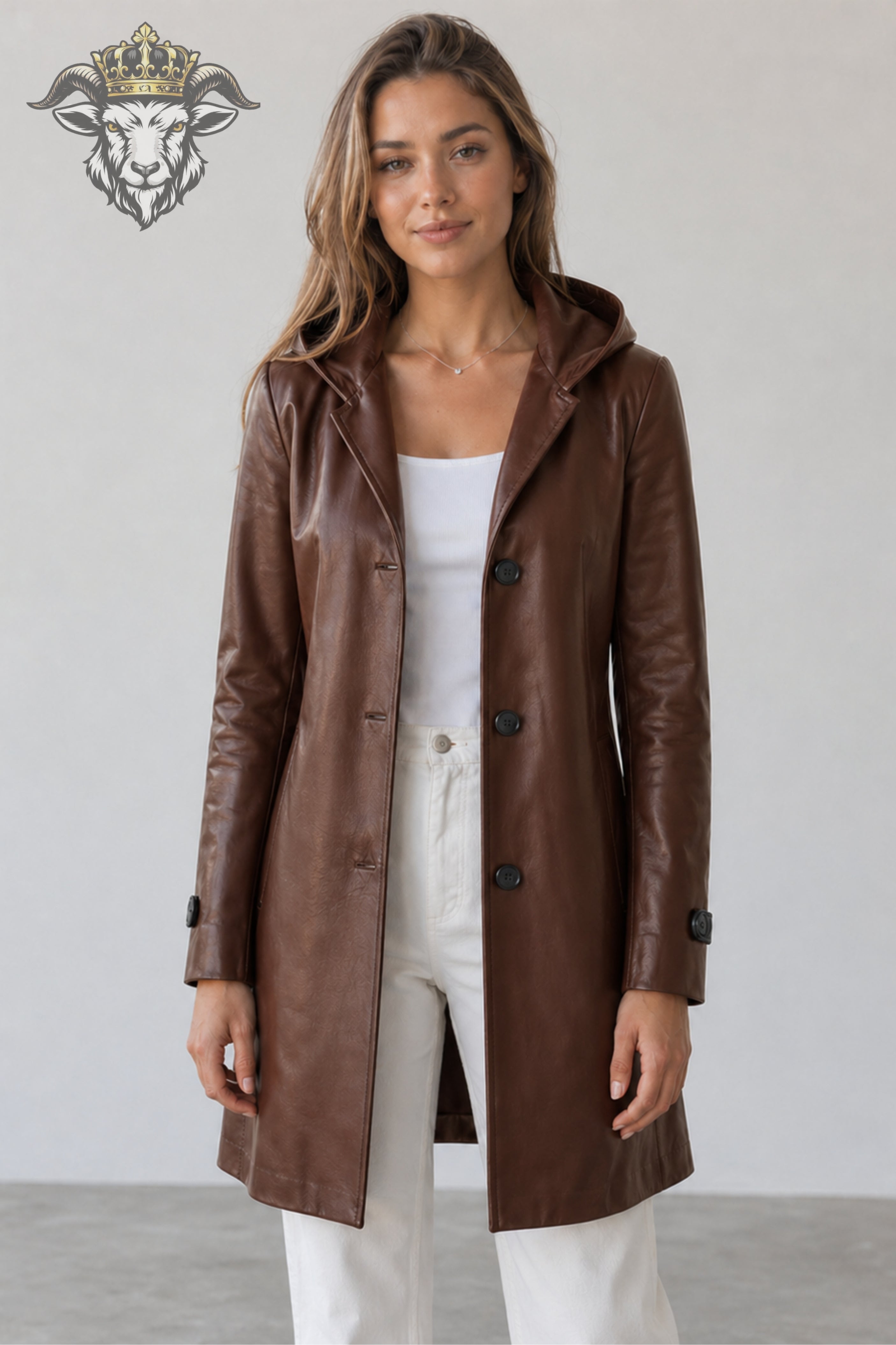 Women’s Brown Real Leather Hooded Coat