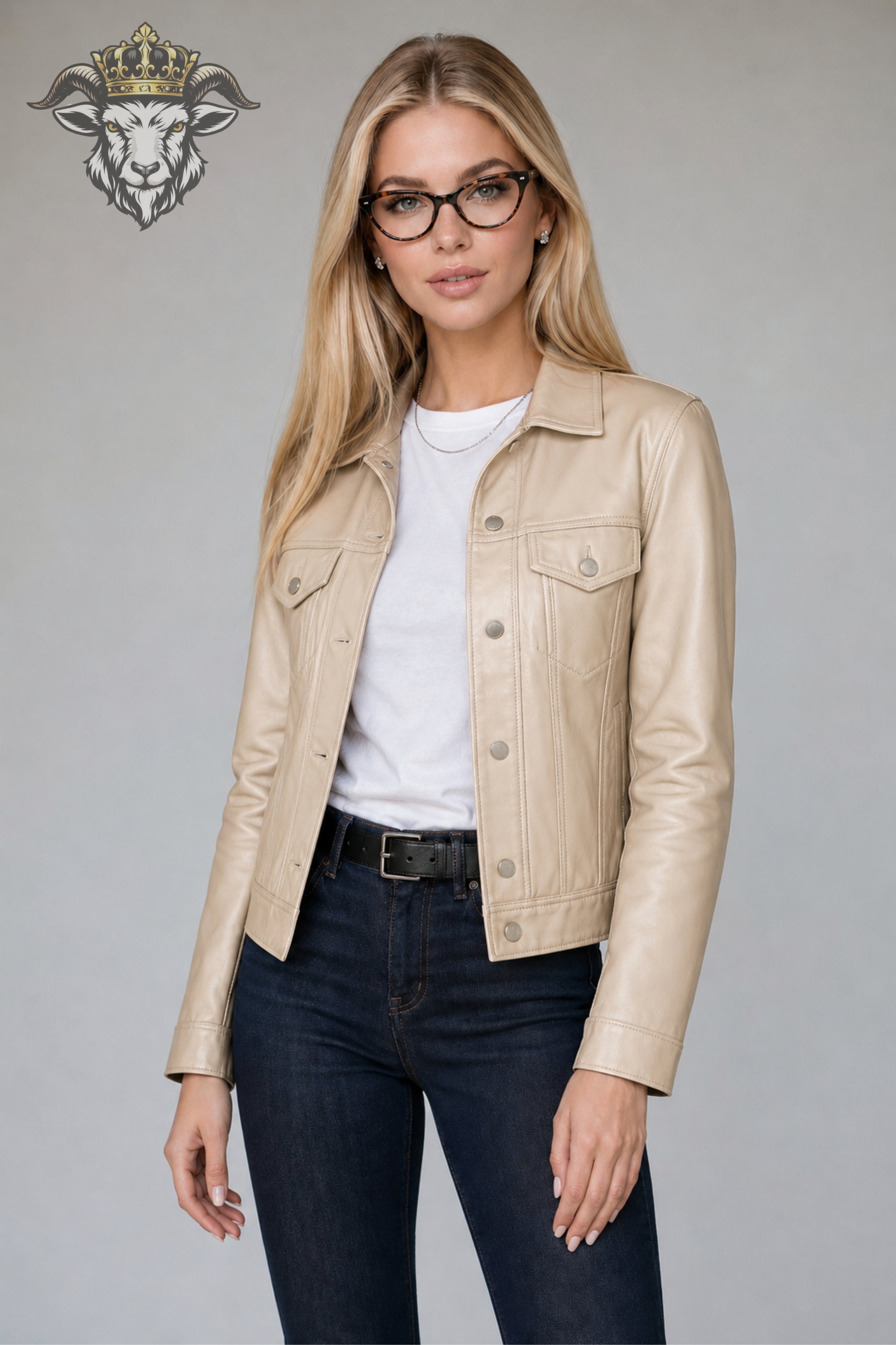 Women’s Beige Real Leather Trucker Jacket