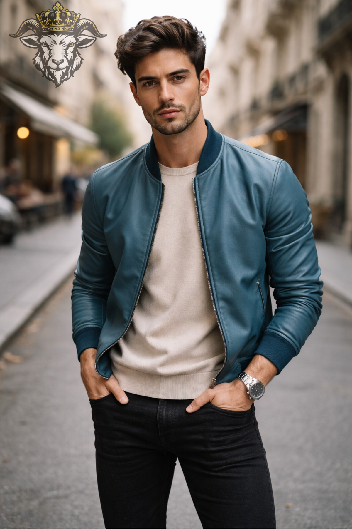 Men's Cyan Leather Bomber Jacket, Slim Fit Zip-Up Jacket, Ribbed Collar Streetwear Outerwear, Modern Casual Moto Jacket