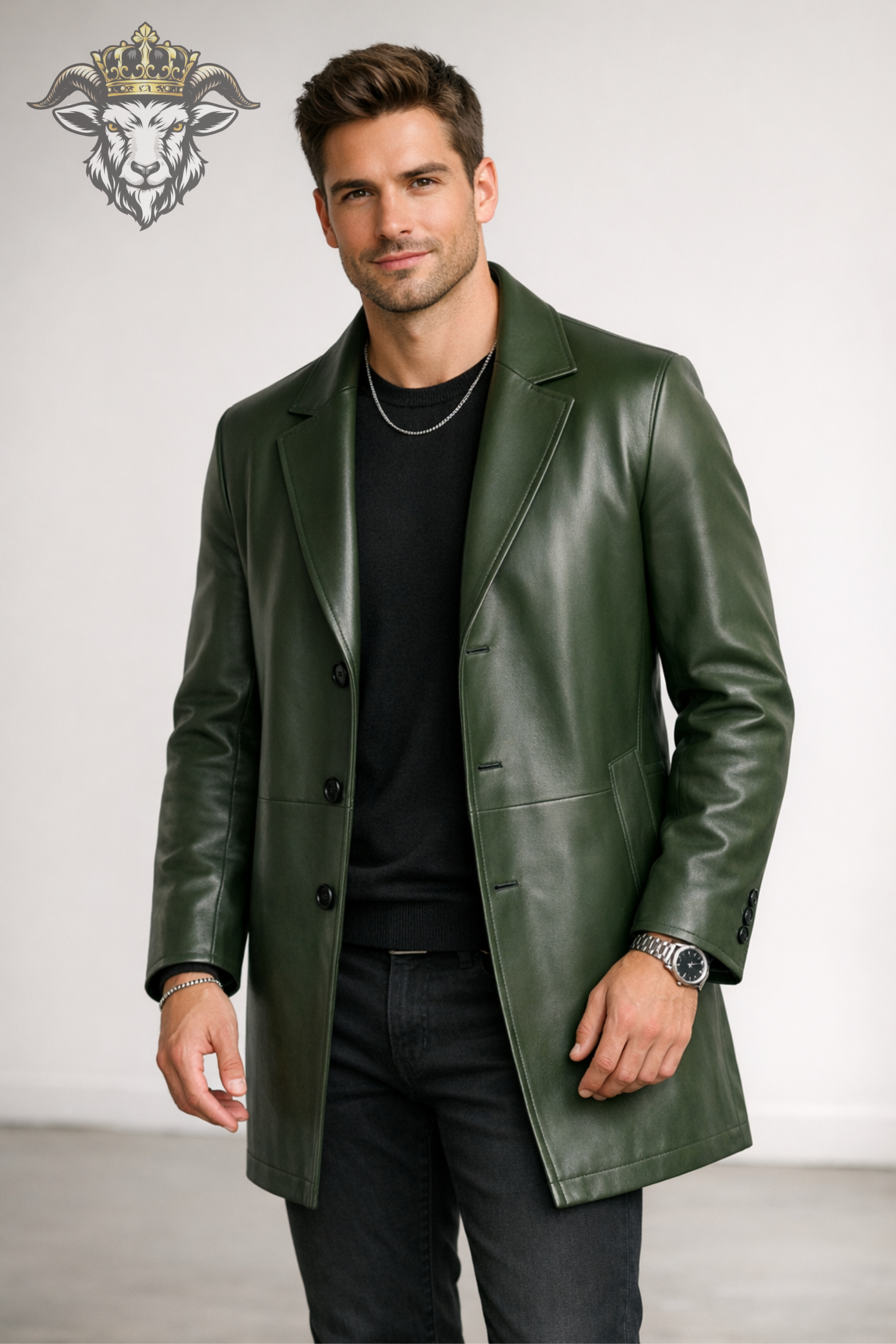 Men’s Green Real Leather Coat – Mid-Thigh Premium Matte Finish Overcoat | Slim Fit Modern Leather Jacket for Men