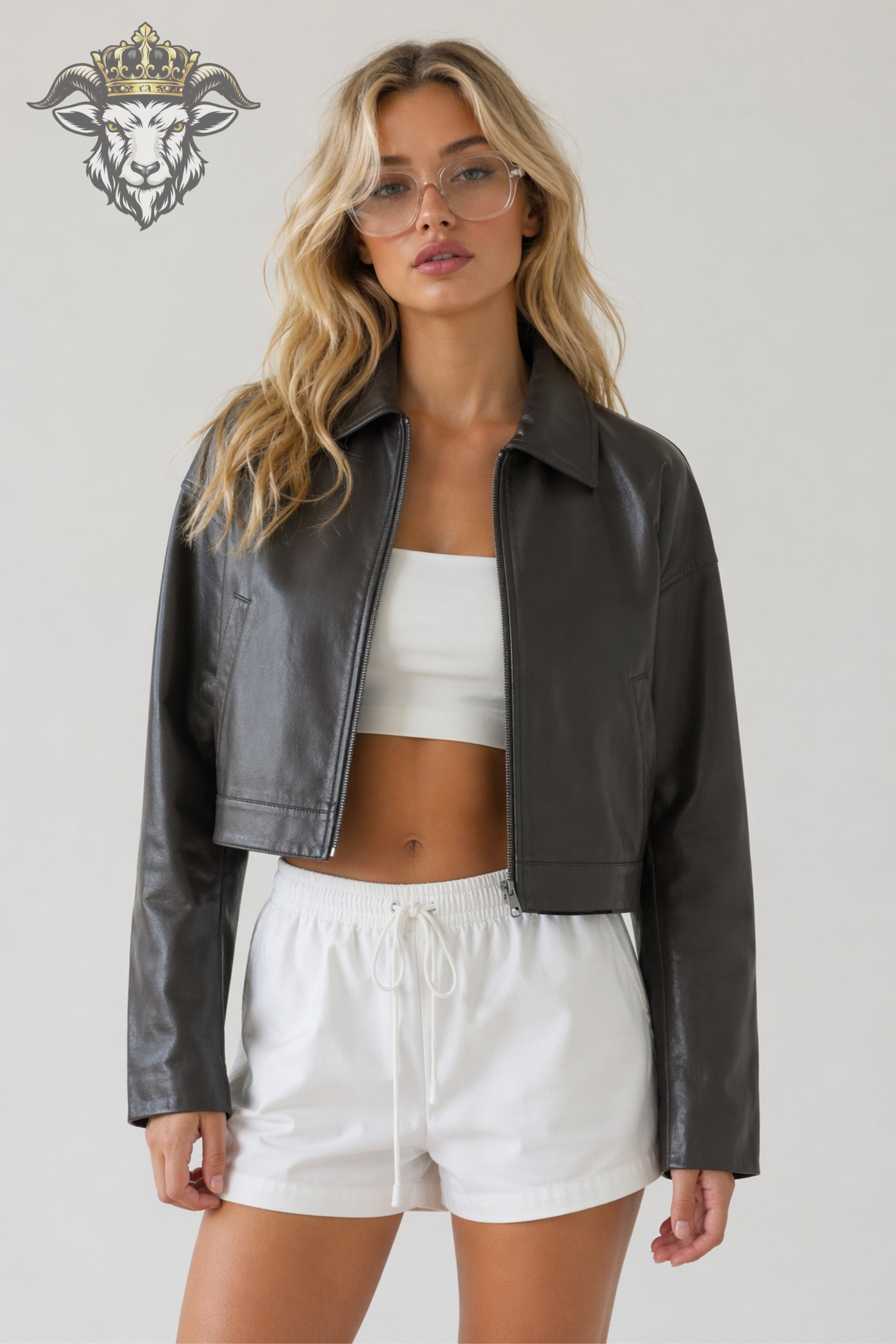 Women’s Charcoal Real Leather Cropped Jacket