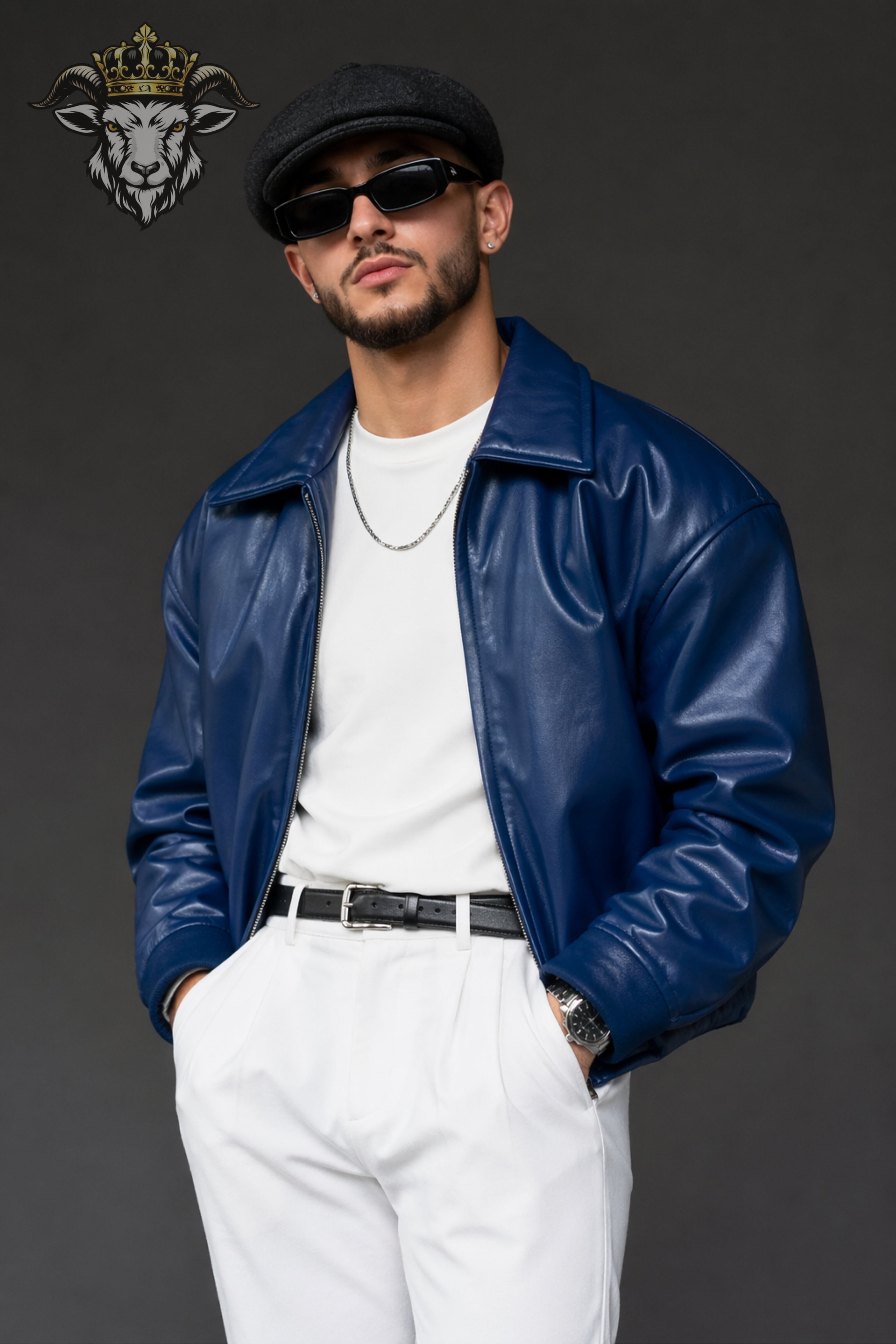 Men’s Royal Blue Oversize Real Leather Bomber Jacket
