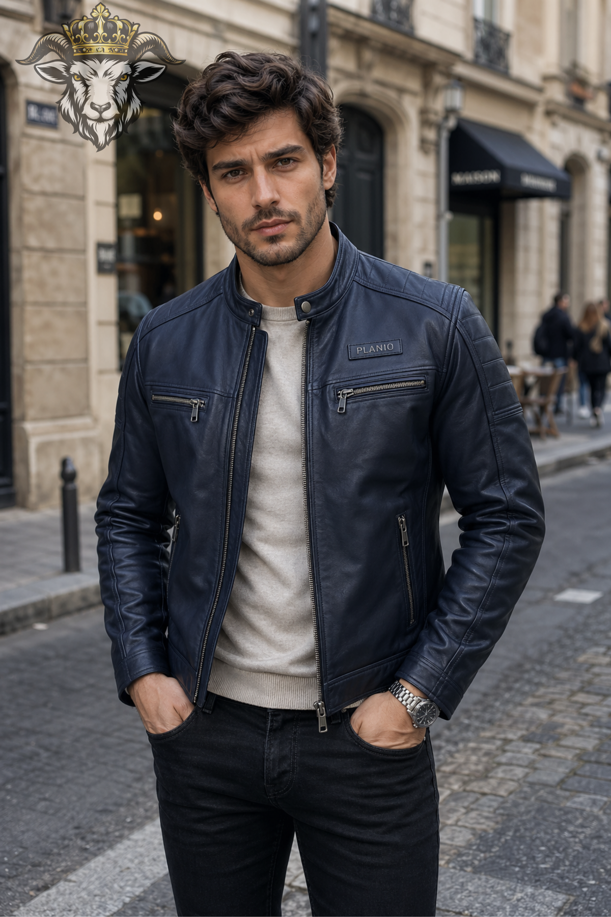 Men's Indigo Real Leather Biker Jacket, Slim Fit Cafe Racer Motorcycle Jacket, PLANIO Quilted Moto Jacket, Men's Blue Leather Outerwear