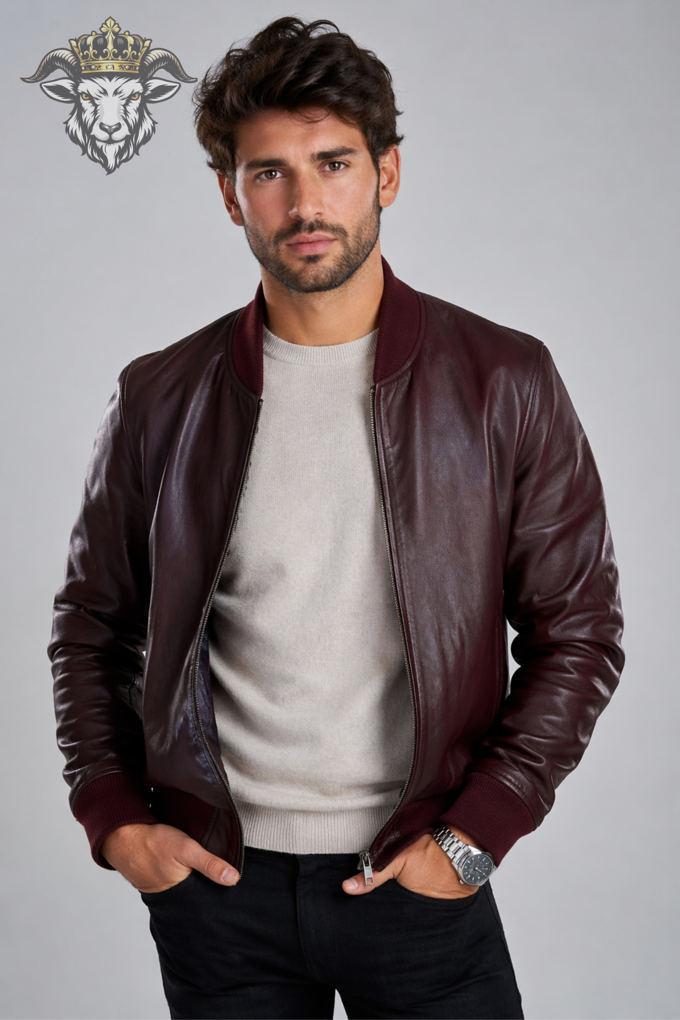 Men’s Burgundy Real Leather Bomber Jacket