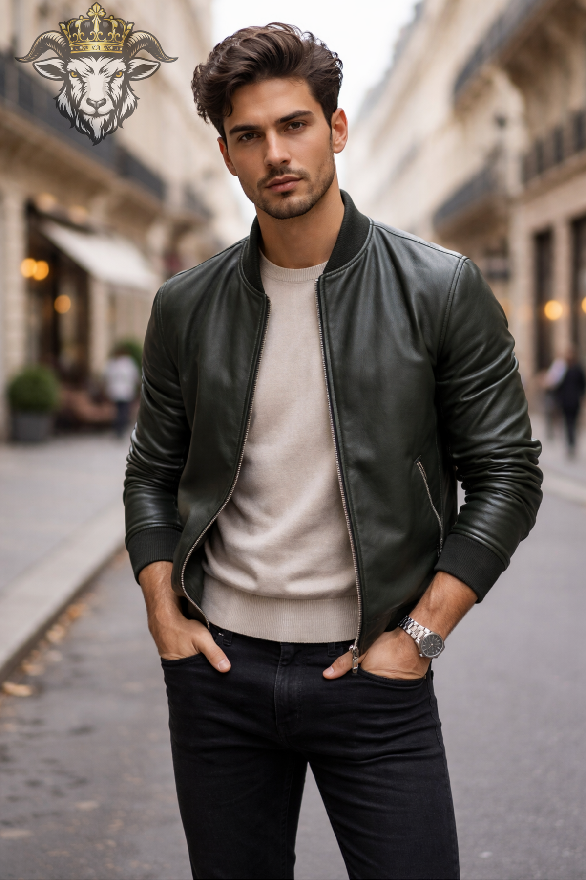 Men's Green Leather Bomber Jacket, Slim Fit Moto Jacket, Ribbed Collar Streetwear Jacket, Casual Zip-Up Leather Outerwear