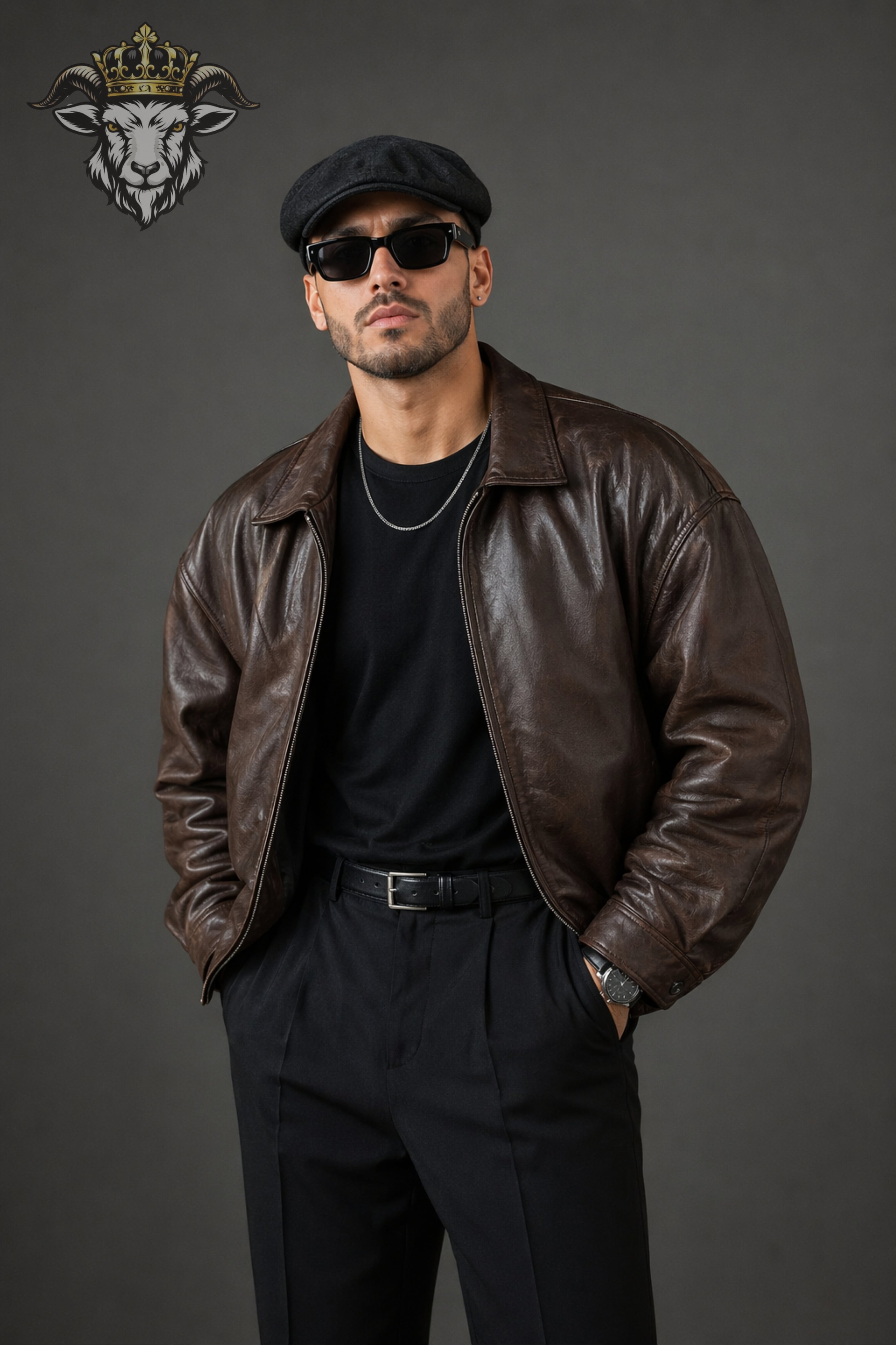 Men’s Oversize Brown Leather Bomber Jacket
