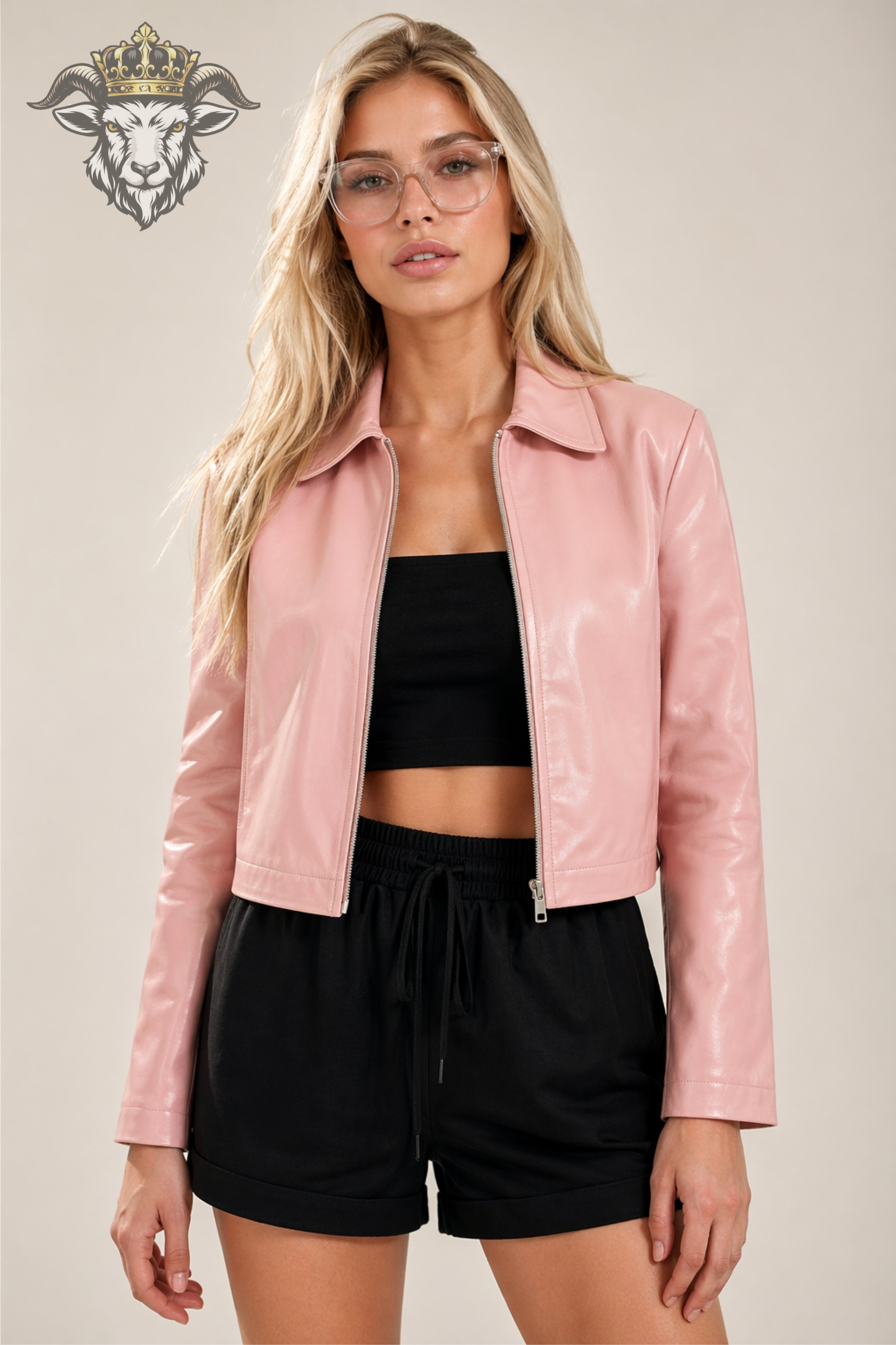 Women’s Baby Pink Real Leather Cropped Jacket
