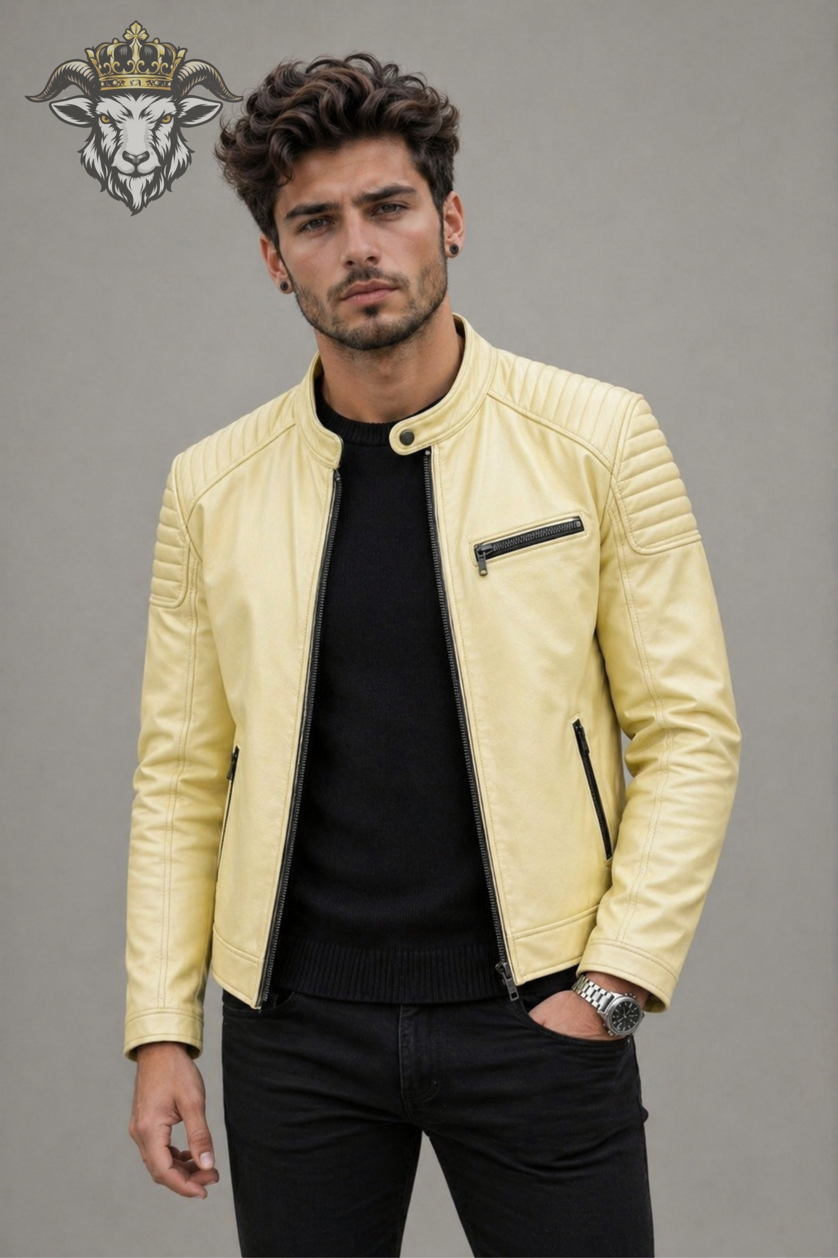 Men’s Pale Yellow Real Leather Roadster Jacket
