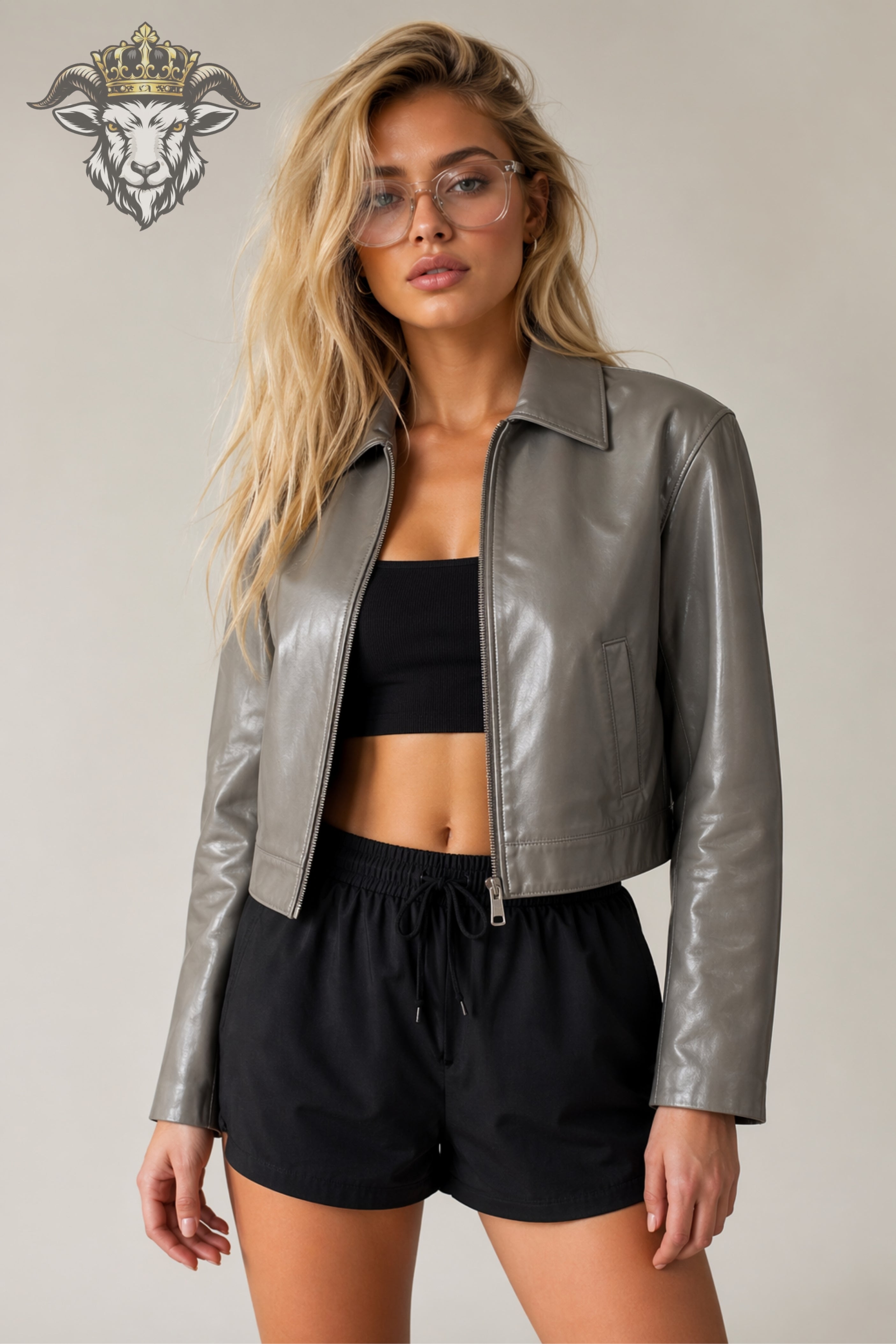 Women’s Light Grey Real Leather Cropped Jacket