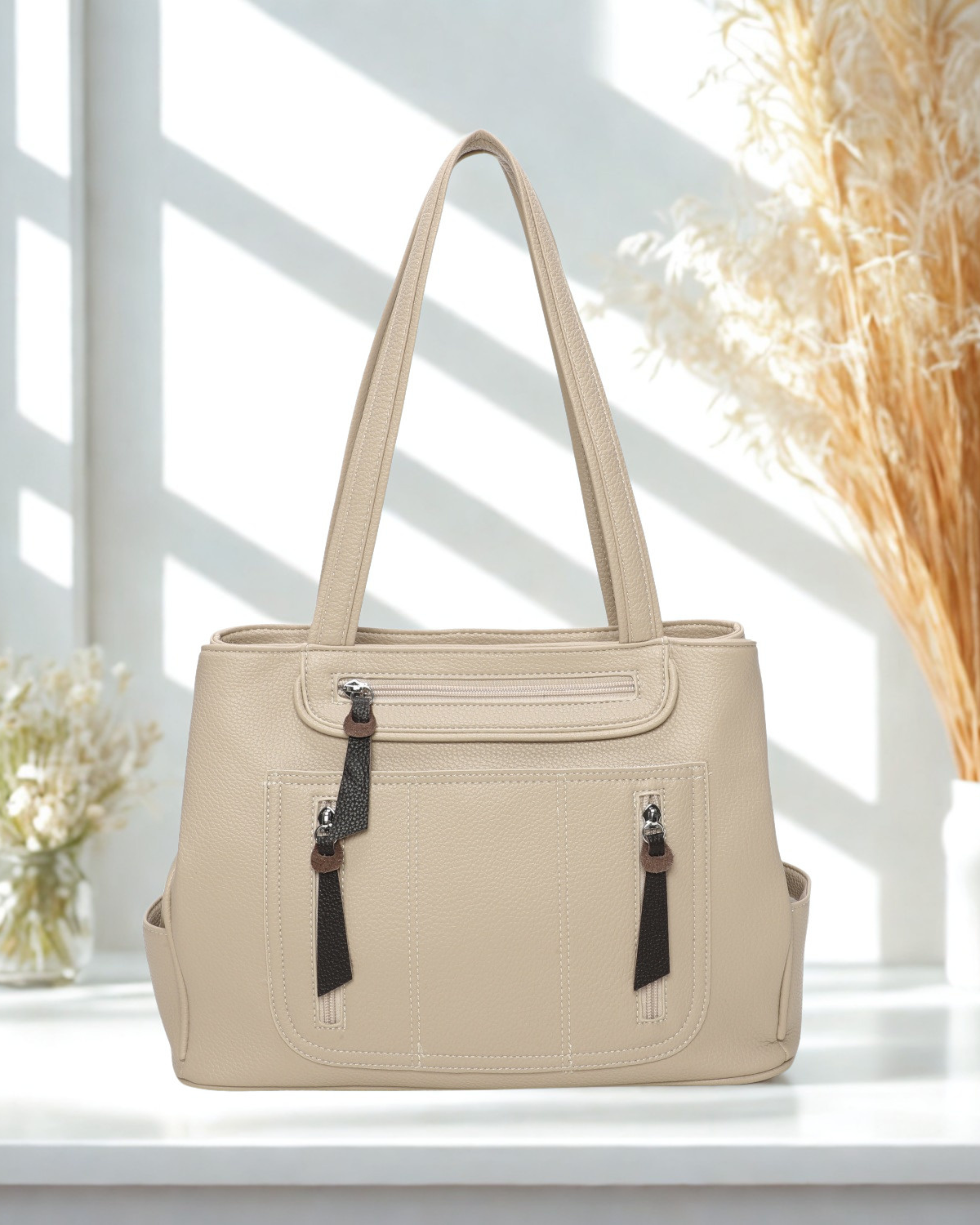 Women’s Multi Pocket Tote Shoulder Bag – Top Zip Closure, Double Compartment Handbag