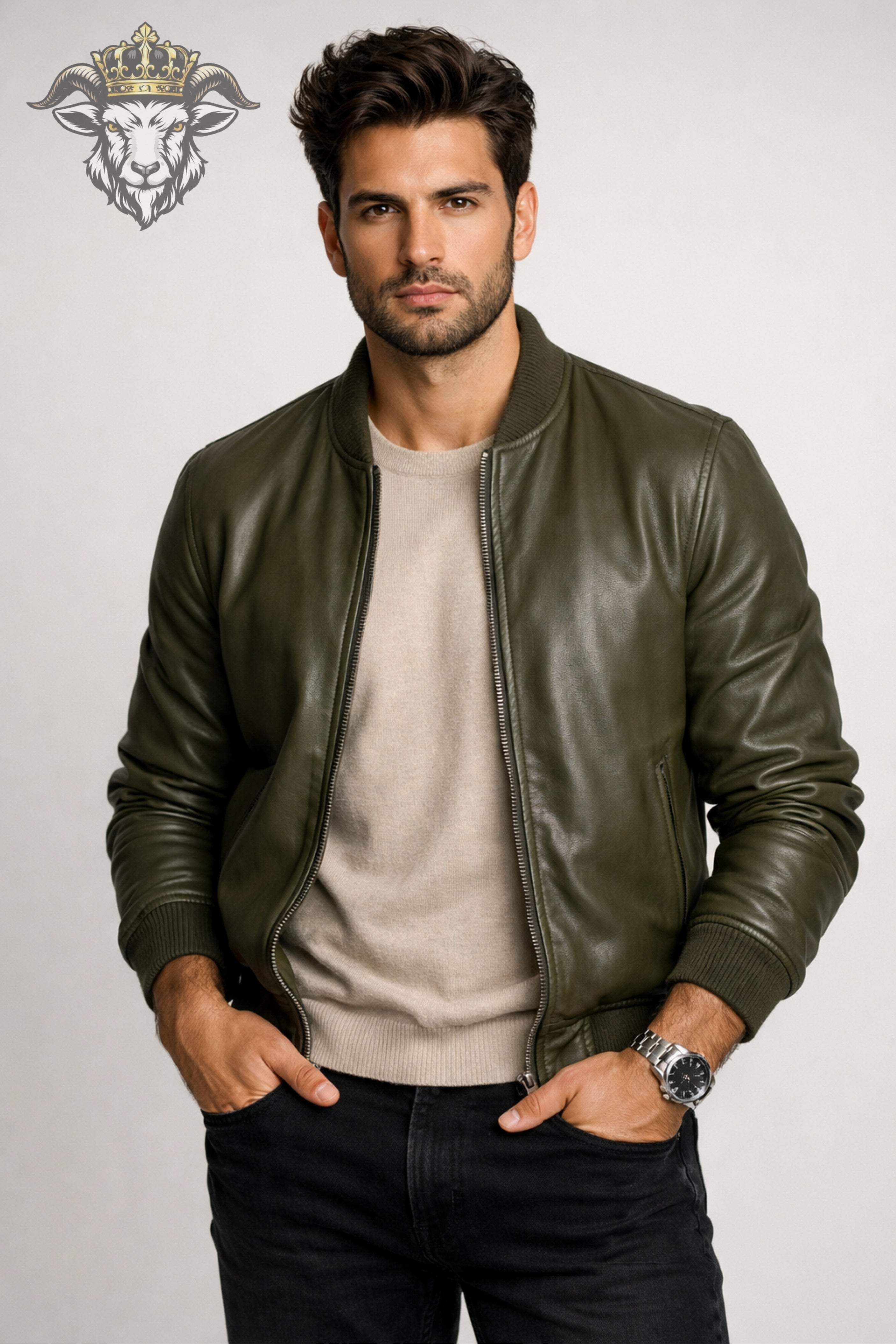 Men’s Olive Green Real Leather Bomber Jacket