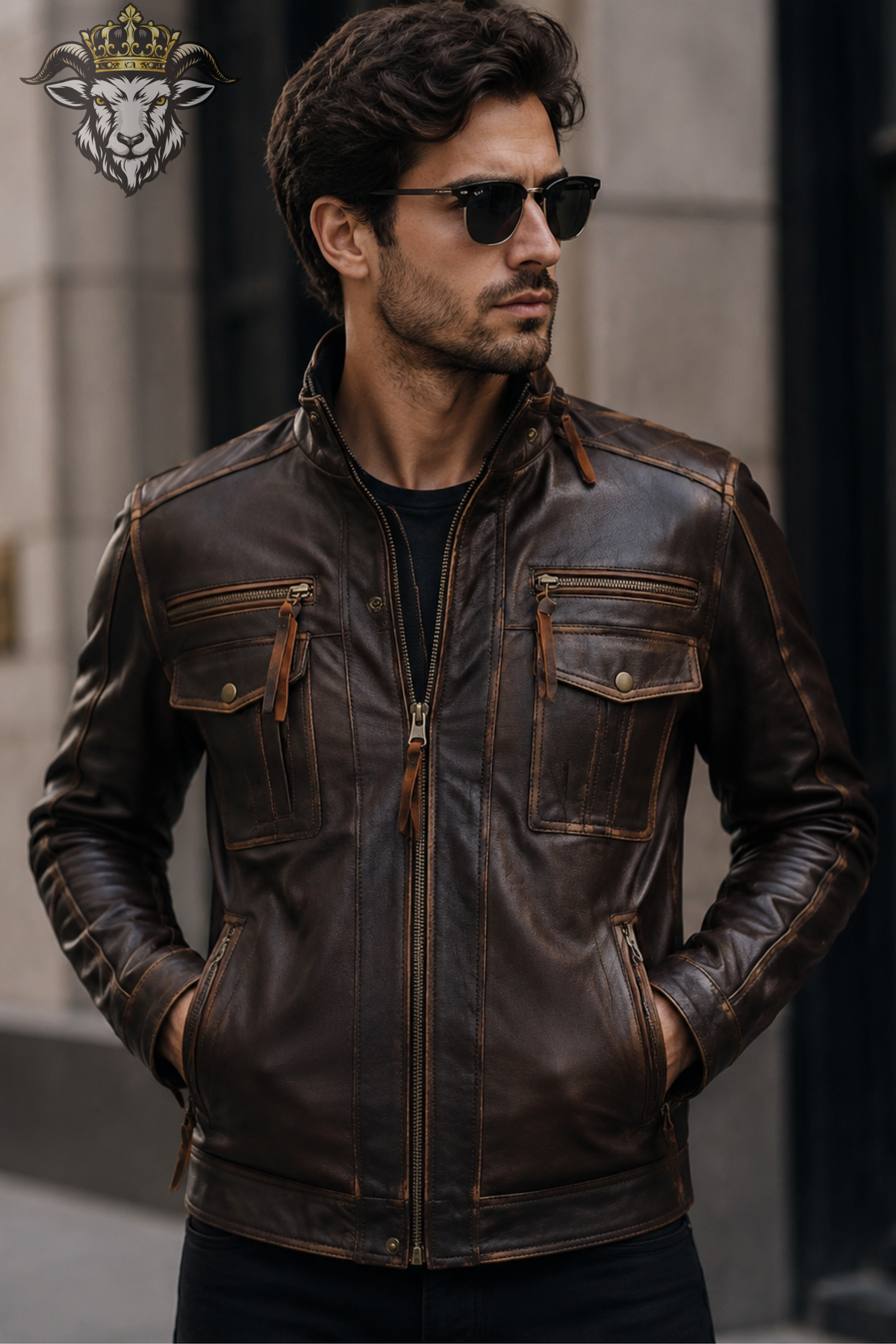 Men's Brown Real Leather Jacket – Vintage Style Biker Jacket, Stand Collar Moto Jacket, Casual Motorcycle Jacket for Men