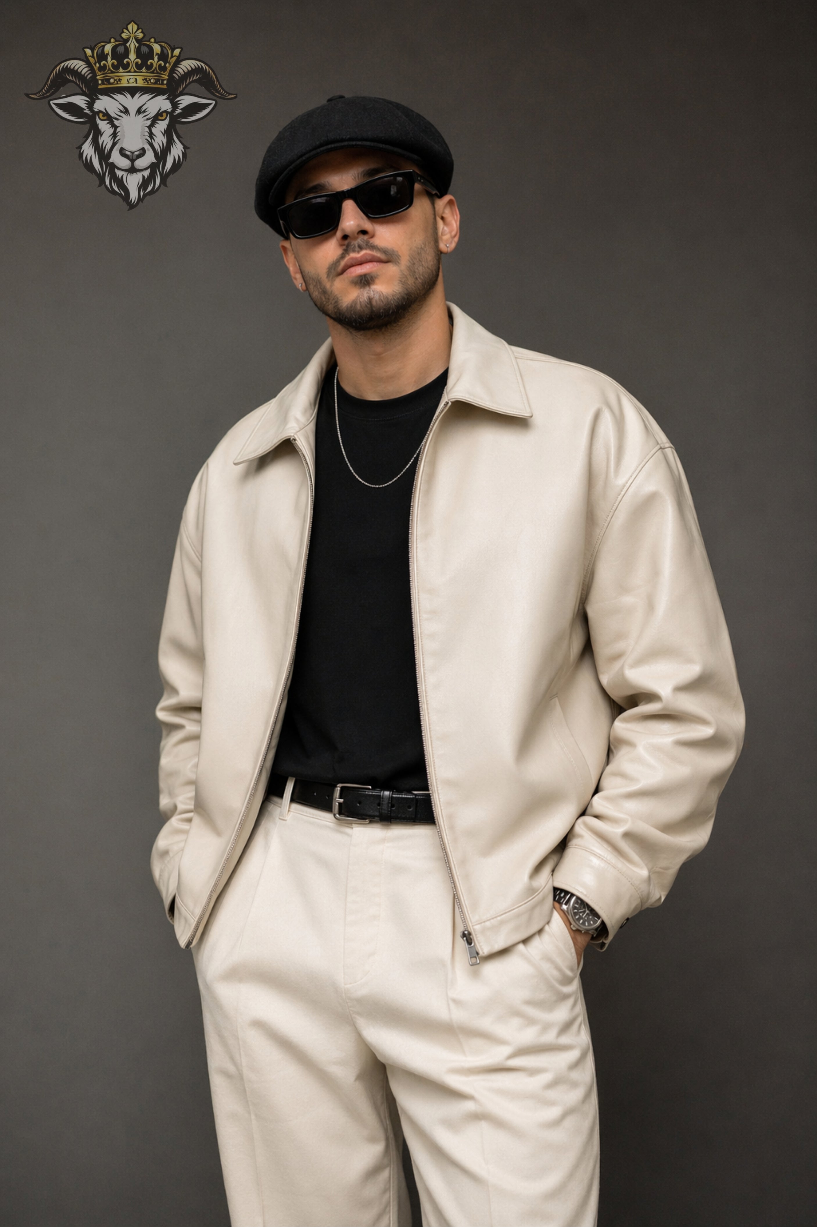 Cream Oversize Real Leather Bomber Jacket for Men