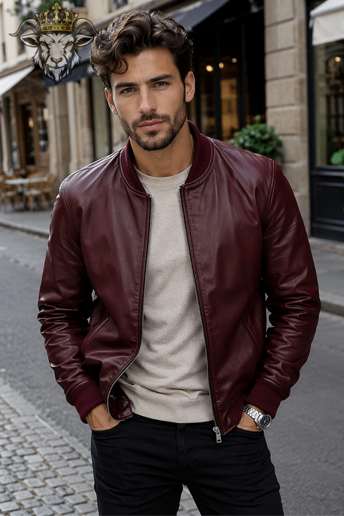 Men's Burgundy Leather Bomber Jacket, Slim Fit Maroon Jacket, Ribbed Collar Zip-Up Moto Jacket, Casual Streetwear Outerwear